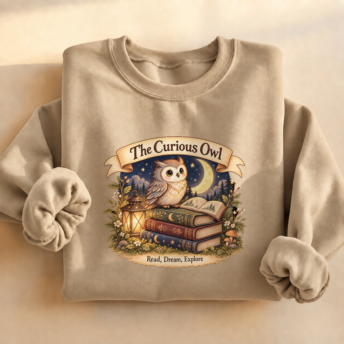 Curious Owl Book Lover Sweatshirt, alternate view, owl reading books under the night sky