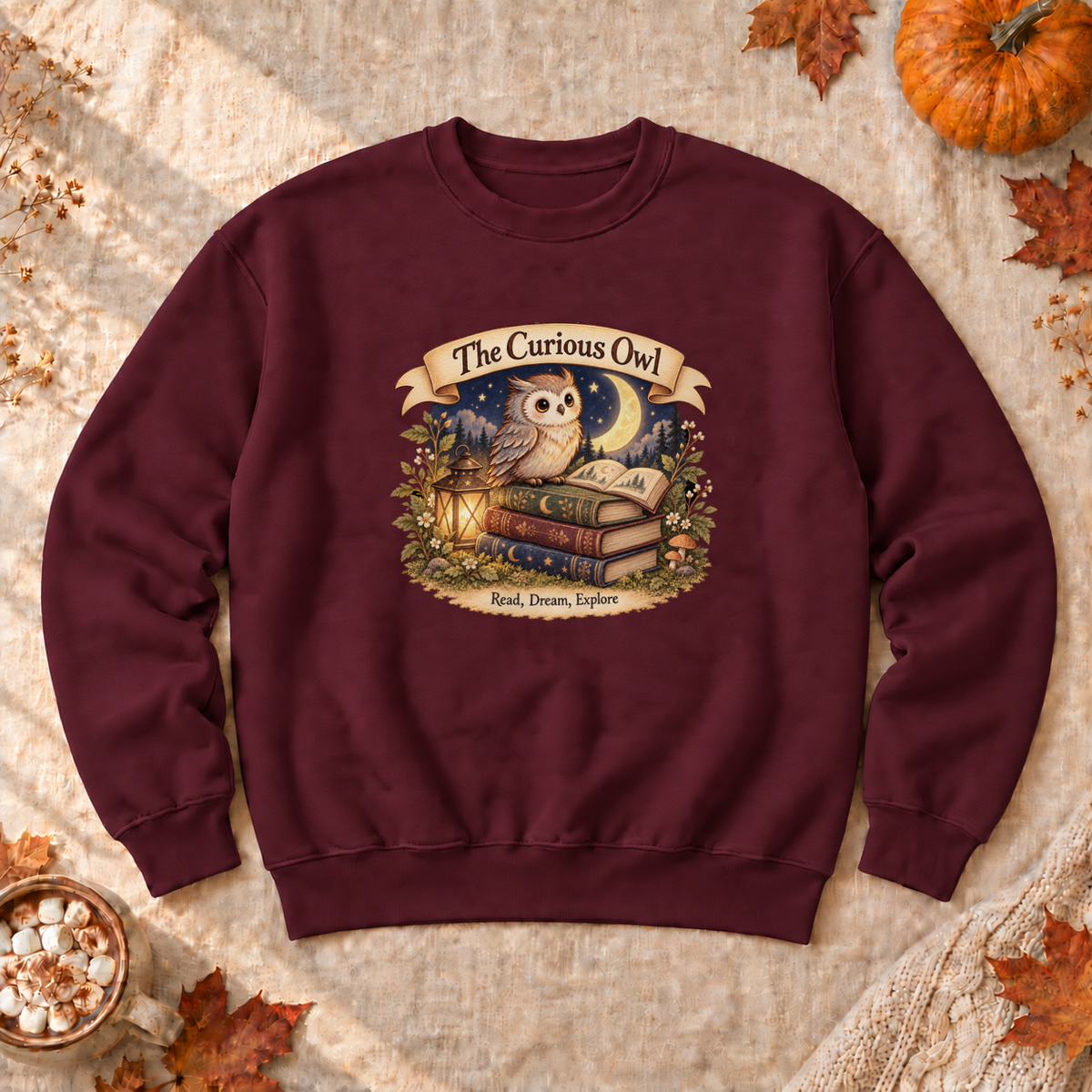 Curious Owl Book Lover Sweatshirt, alternate view, owl reading books under the night sky