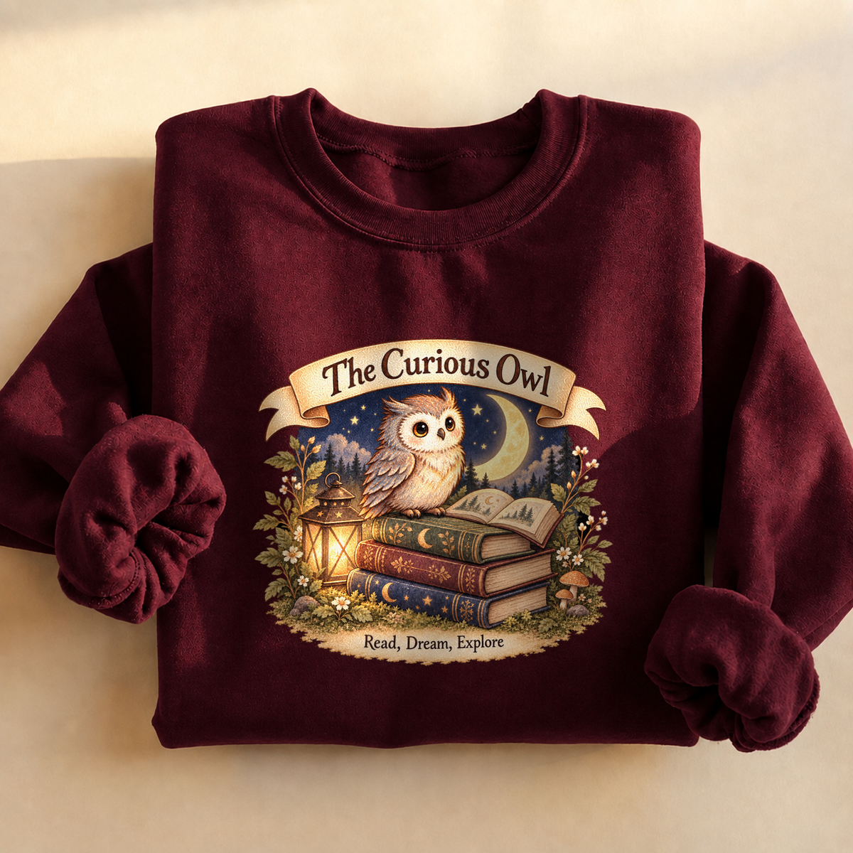Curious Owl Book Lover Sweatshirt, alternate view, owl reading books under the night sky