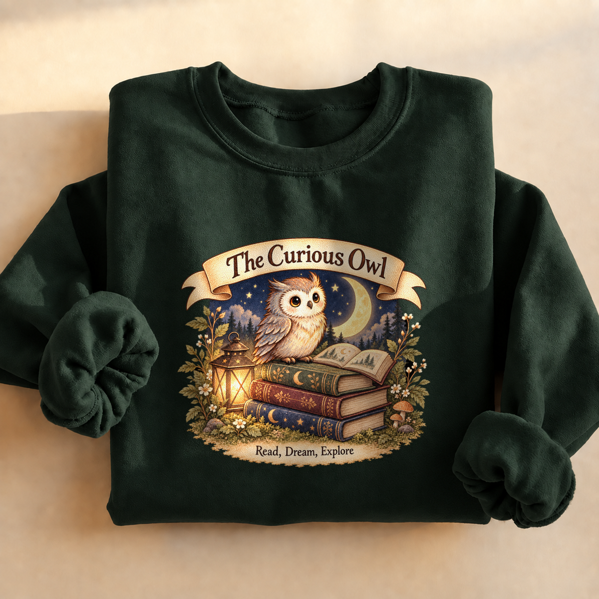 Curious Owl Book Lover Sweatshirt, alternate view, owl reading books under the night sky