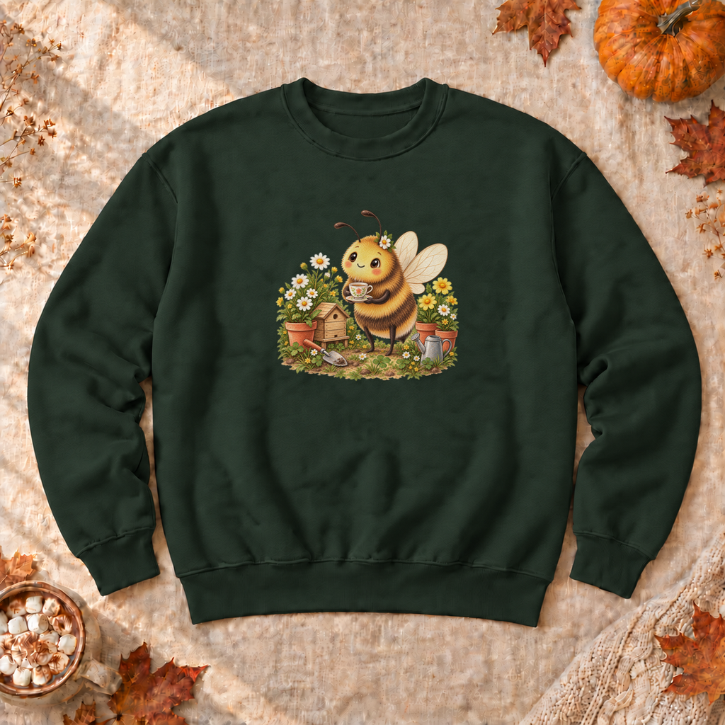 Cozy Garden Bee Sweatshirt, alternate view, bumblebee having tea in a flower garden