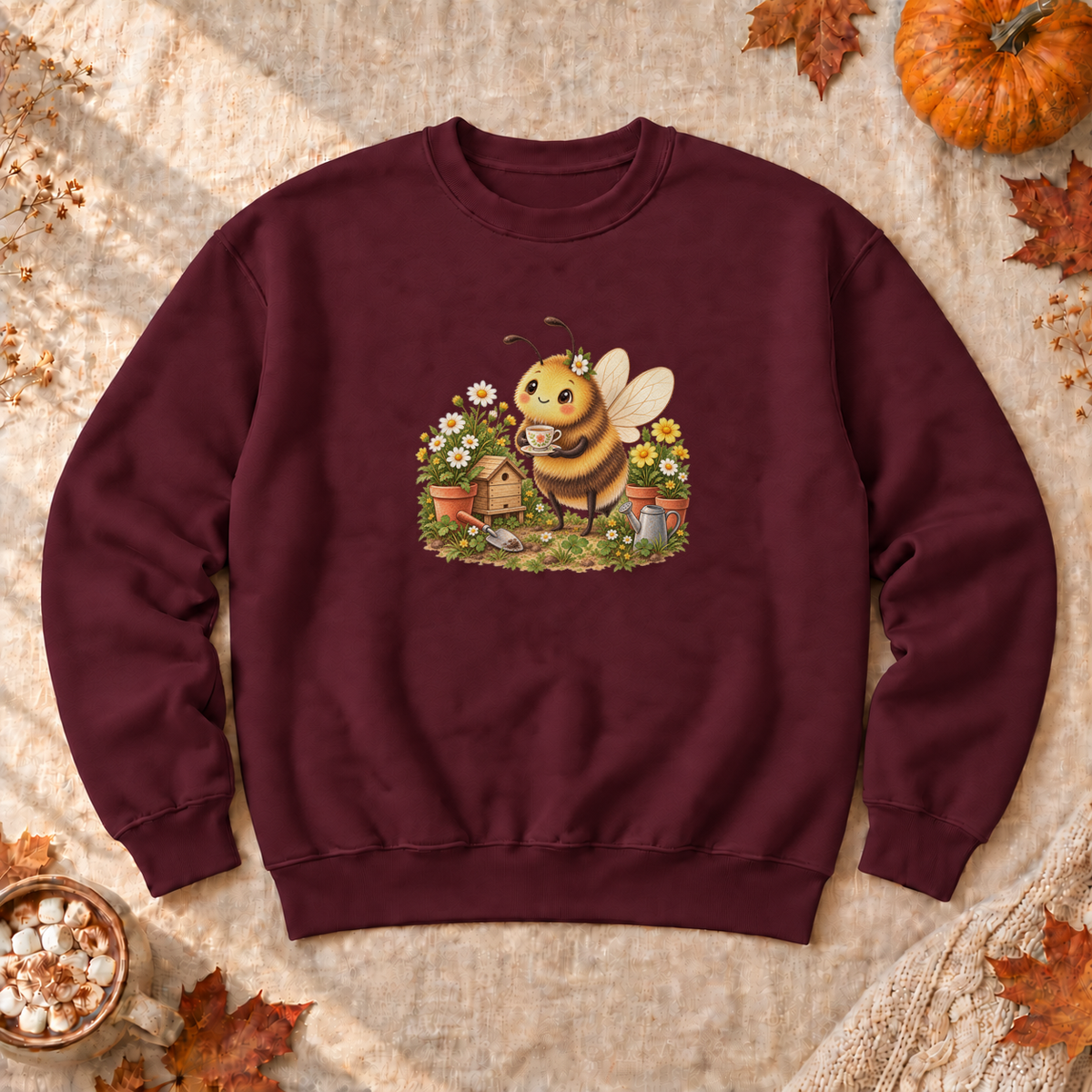 Cozy Garden Bee Sweatshirt, alternate view, bumblebee having tea in a flower garden