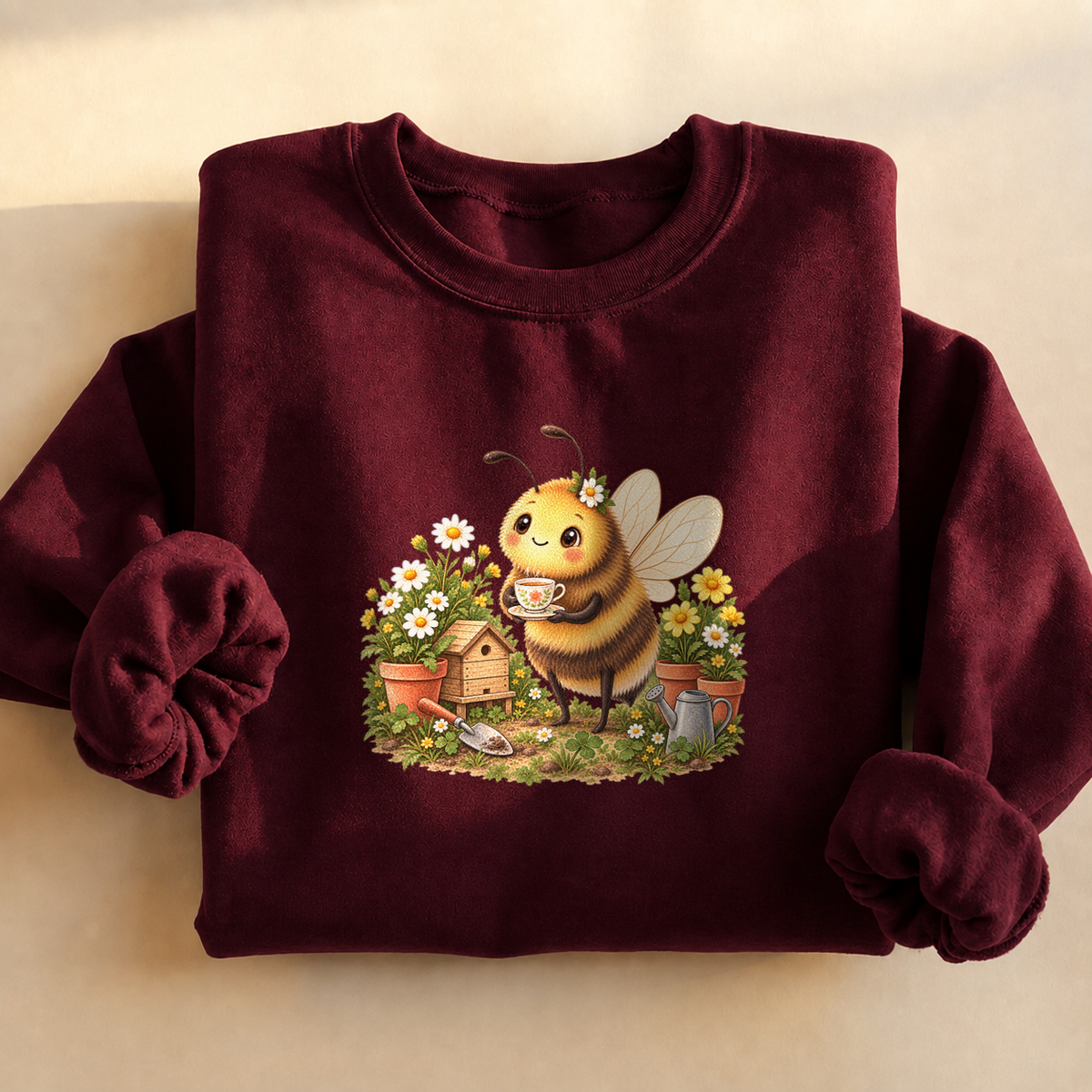 Cozy Garden Bee Sweatshirt, alternate view, bumblebee having tea in a flower garden