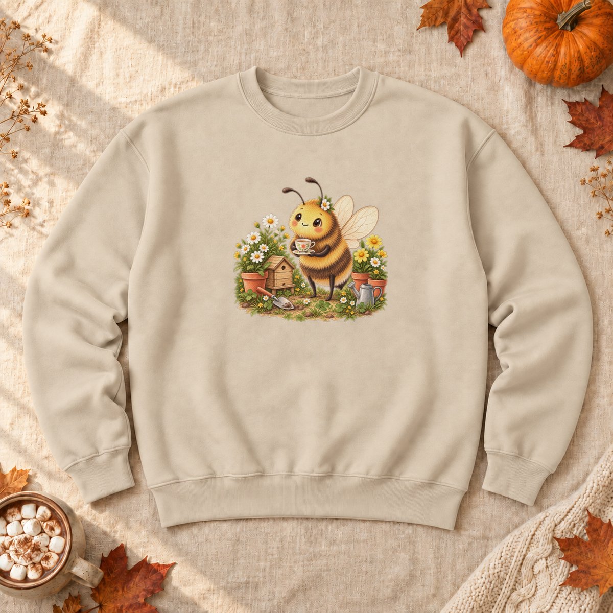 Cozy Garden Bee Sweatshirt, alternate view, bumblebee having tea in a flower garden