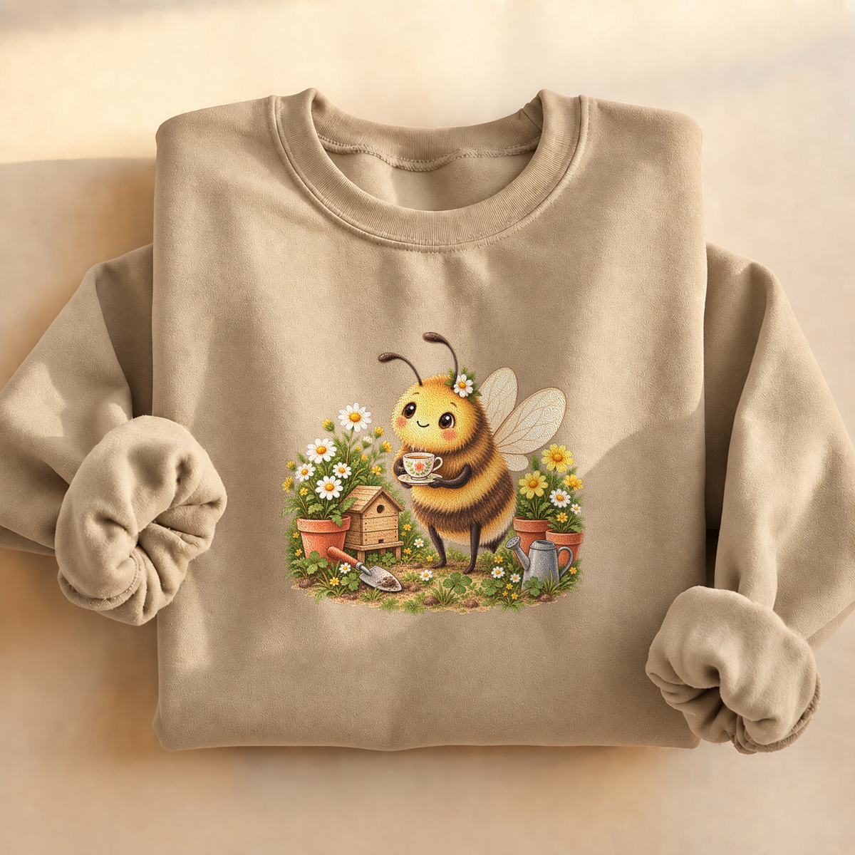 Cozy Garden Bee Sweatshirt, alternate view, bumblebee having tea in a flower garden