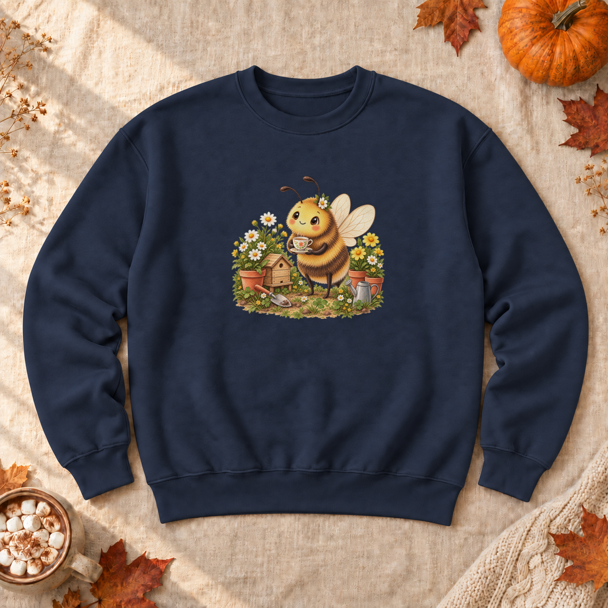 Cozy Garden Bee Sweatshirt, alternate view, bumblebee having tea in a flower garden