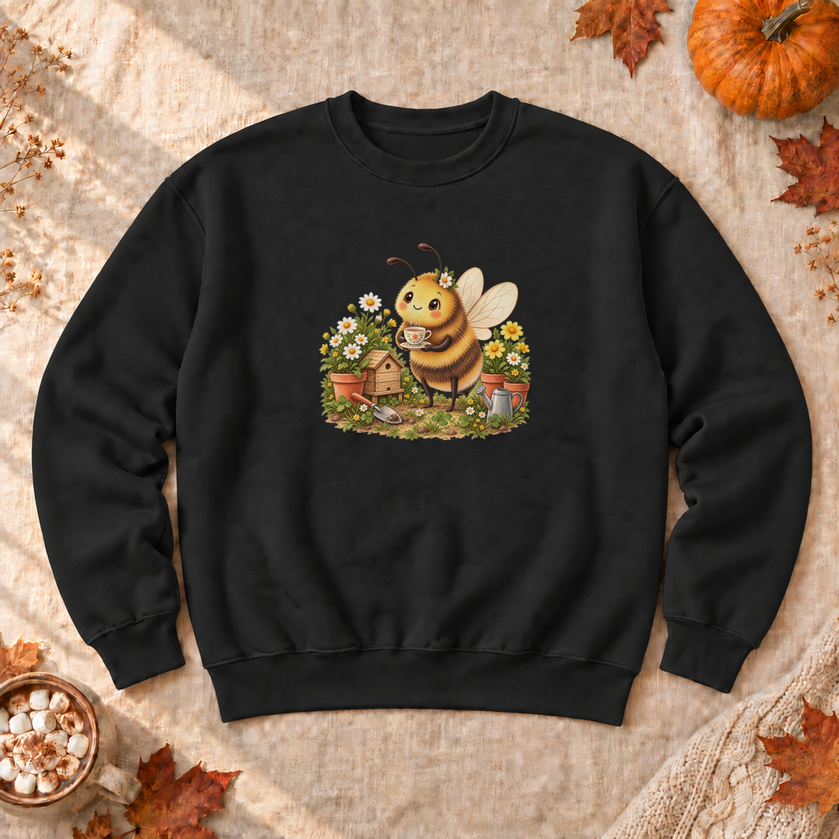 Cozy Garden Bee Sweatshirt, alternate view, bumblebee having tea in a flower garden