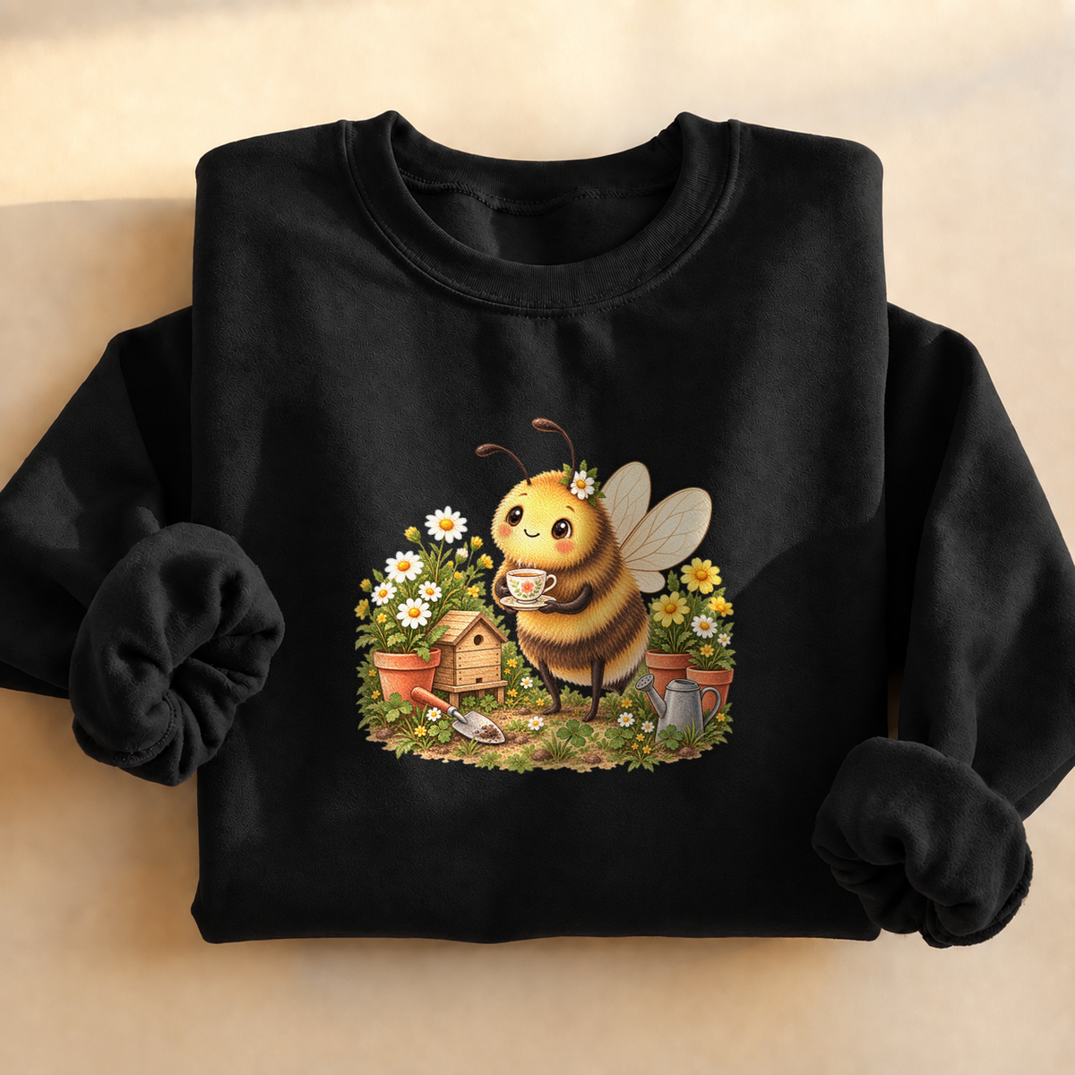 Cozy Garden Bee Sweatshirt, alternate view, bumblebee having tea in a flower garden