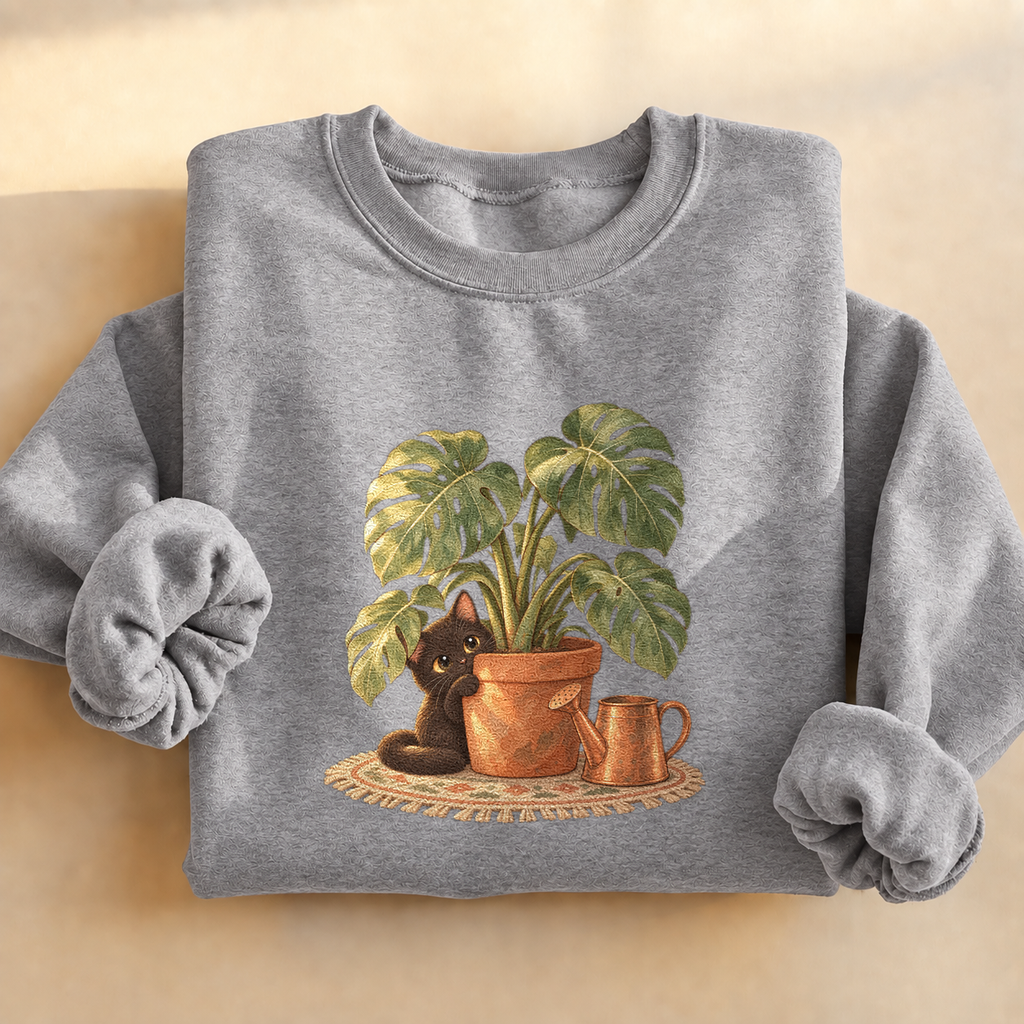 Black Cat Monstera Plant Sweatshirt, black cat peeking from a monstera plant, for cat lovers and plant moms