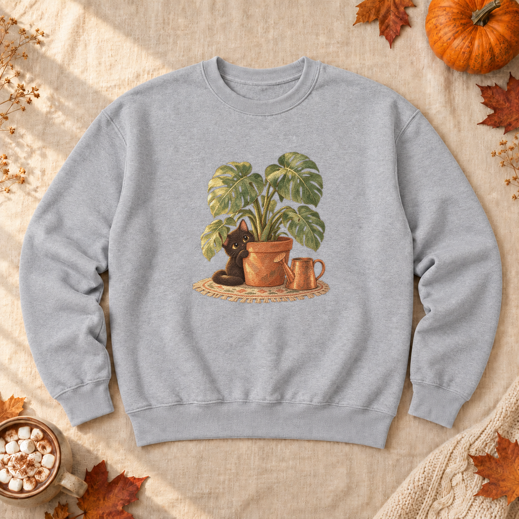 Black Cat Monstera Plant Sweatshirt, alternate view, black cat peeking from a monstera plant