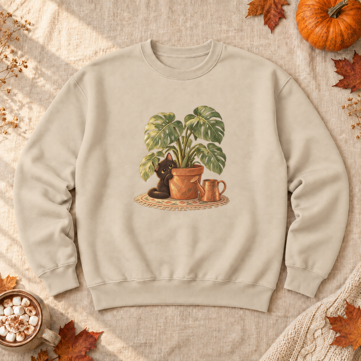 Black Cat Monstera Plant Sweatshirt, alternate view, black cat peeking from a monstera plant