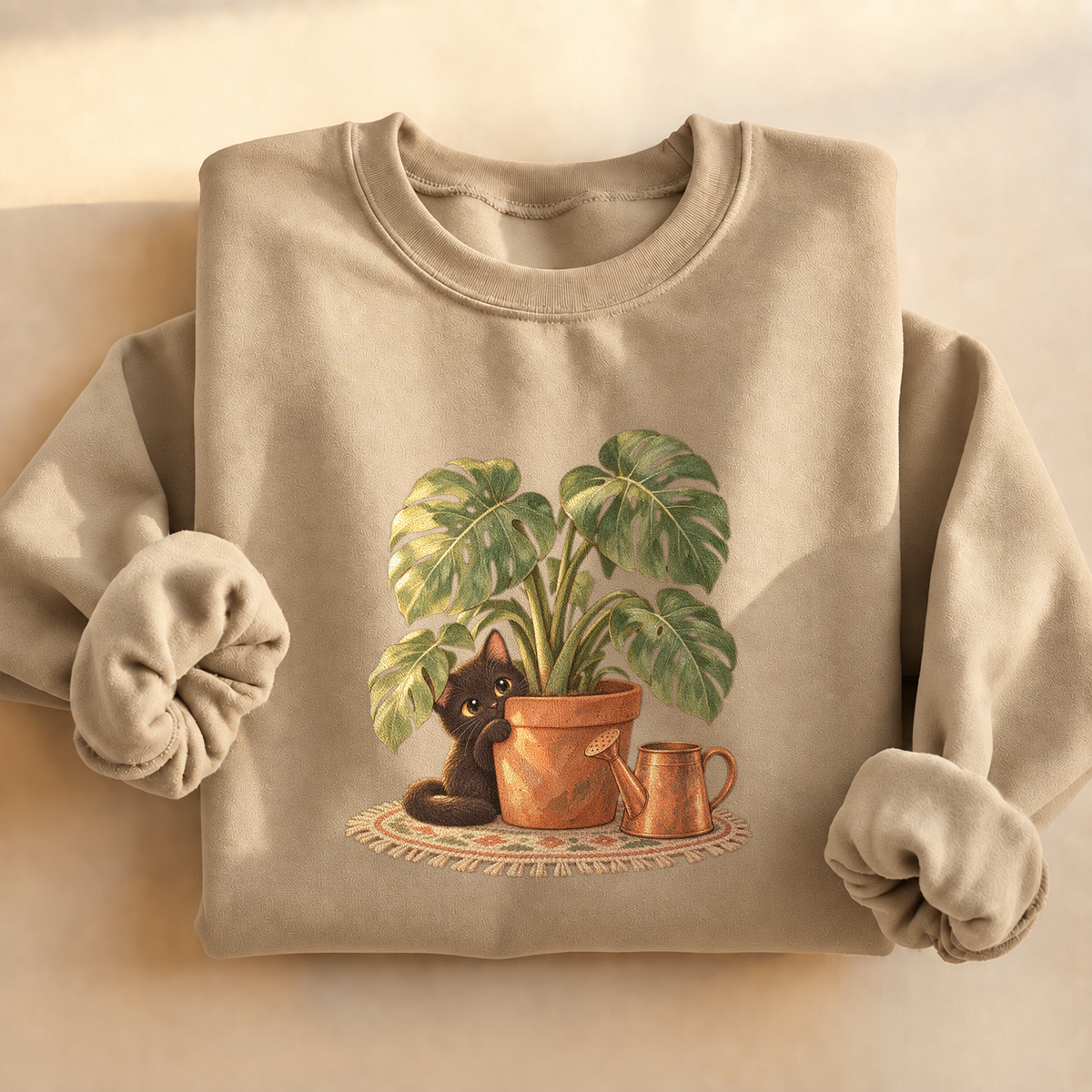 Black Cat Monstera Plant Sweatshirt, alternate view, black cat peeking from a monstera plant