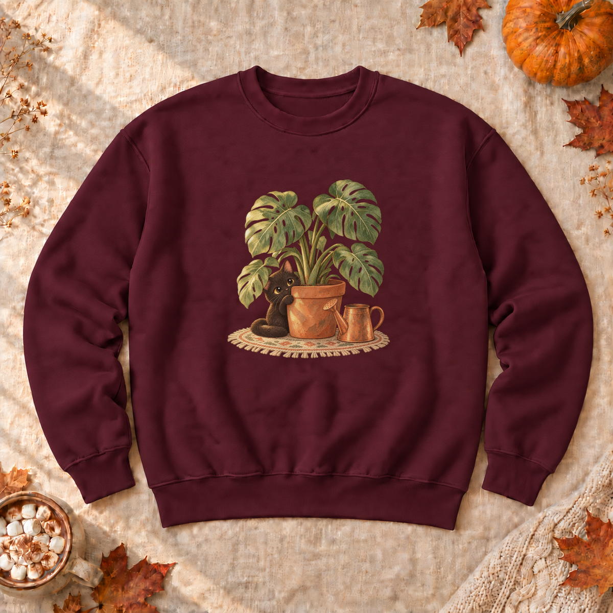 Black Cat Monstera Plant Sweatshirt, alternate view, black cat peeking from a monstera plant