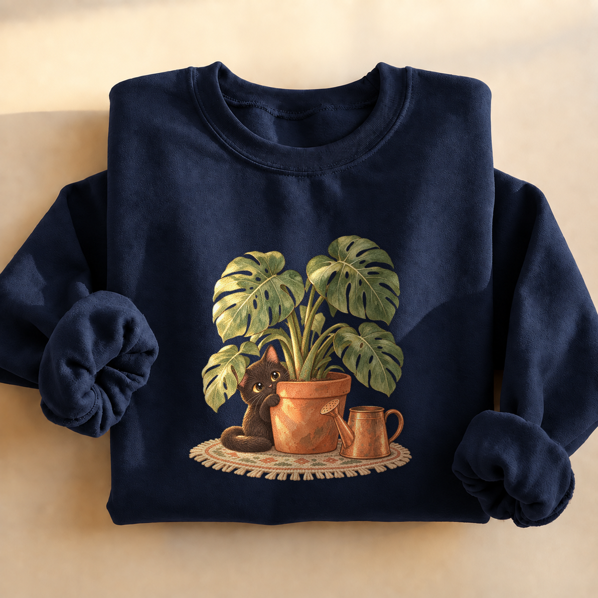 Black Cat Monstera Plant Sweatshirt, alternate view, black cat peeking from a monstera plant