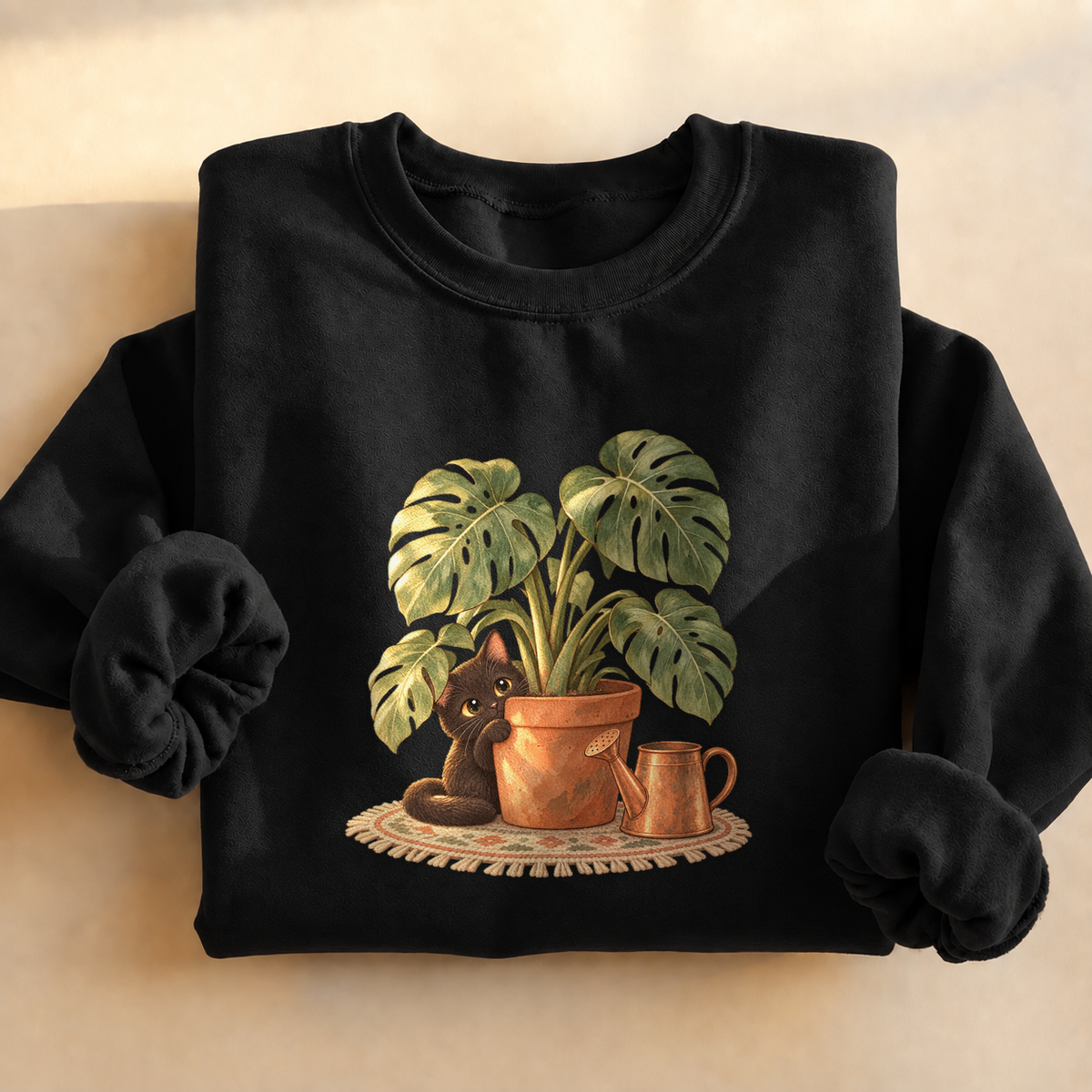 Black Cat Monstera Plant Sweatshirt, alternate view, black cat peeking from a monstera plant