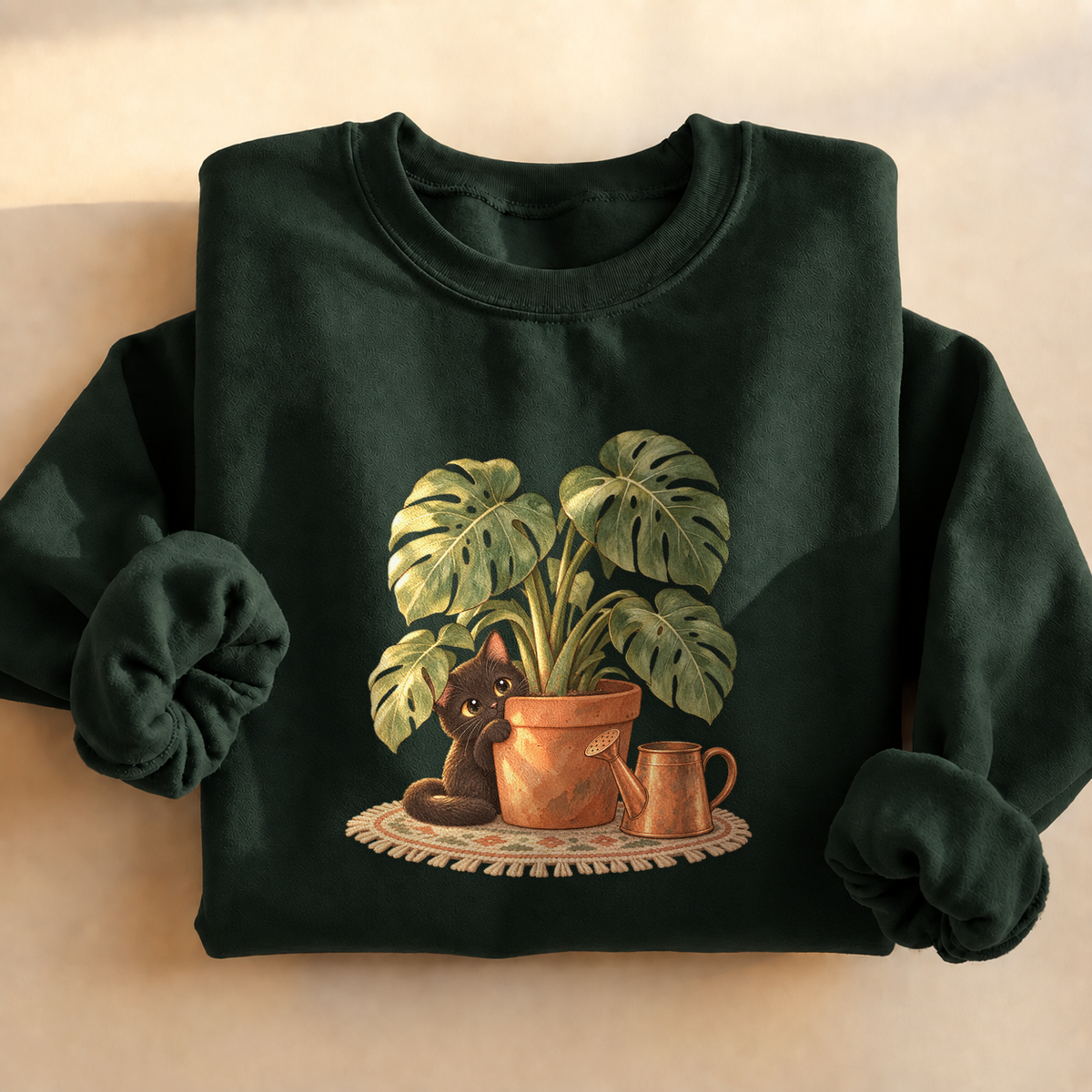 Black Cat Monstera Plant Sweatshirt, alternate view, black cat peeking from a monstera plant