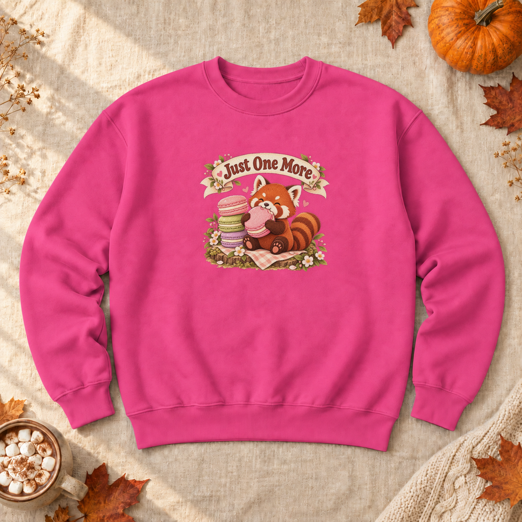 Red Panda Macaron Sweatshirt, alternate view, red panda eating macarons