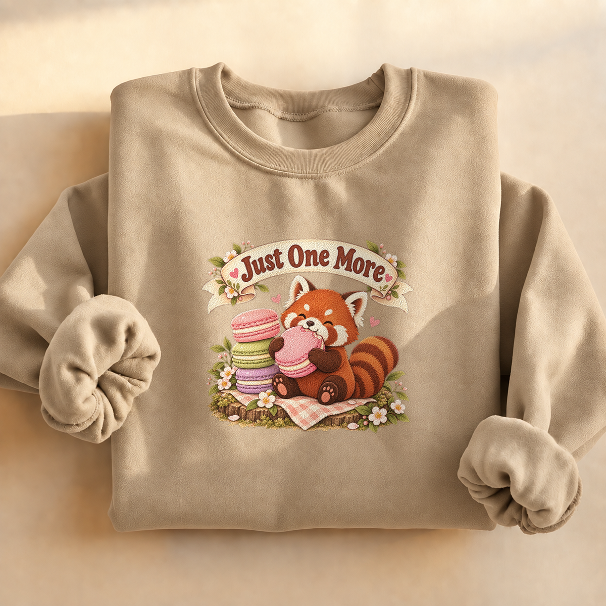 Red Panda Macaron Sweatshirt, alternate view, red panda eating macarons