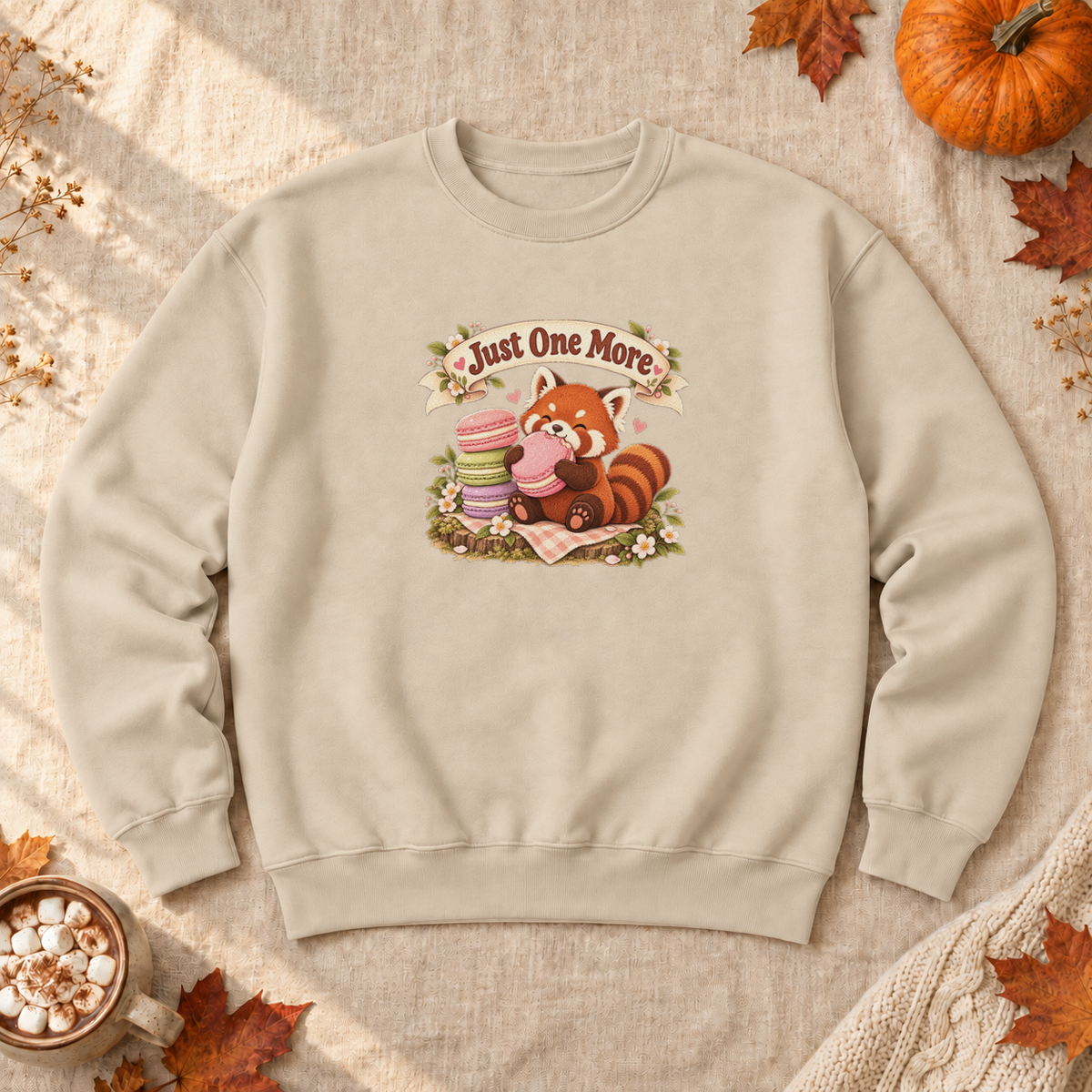 Red Panda Macaron Sweatshirt, alternate view, red panda eating macarons