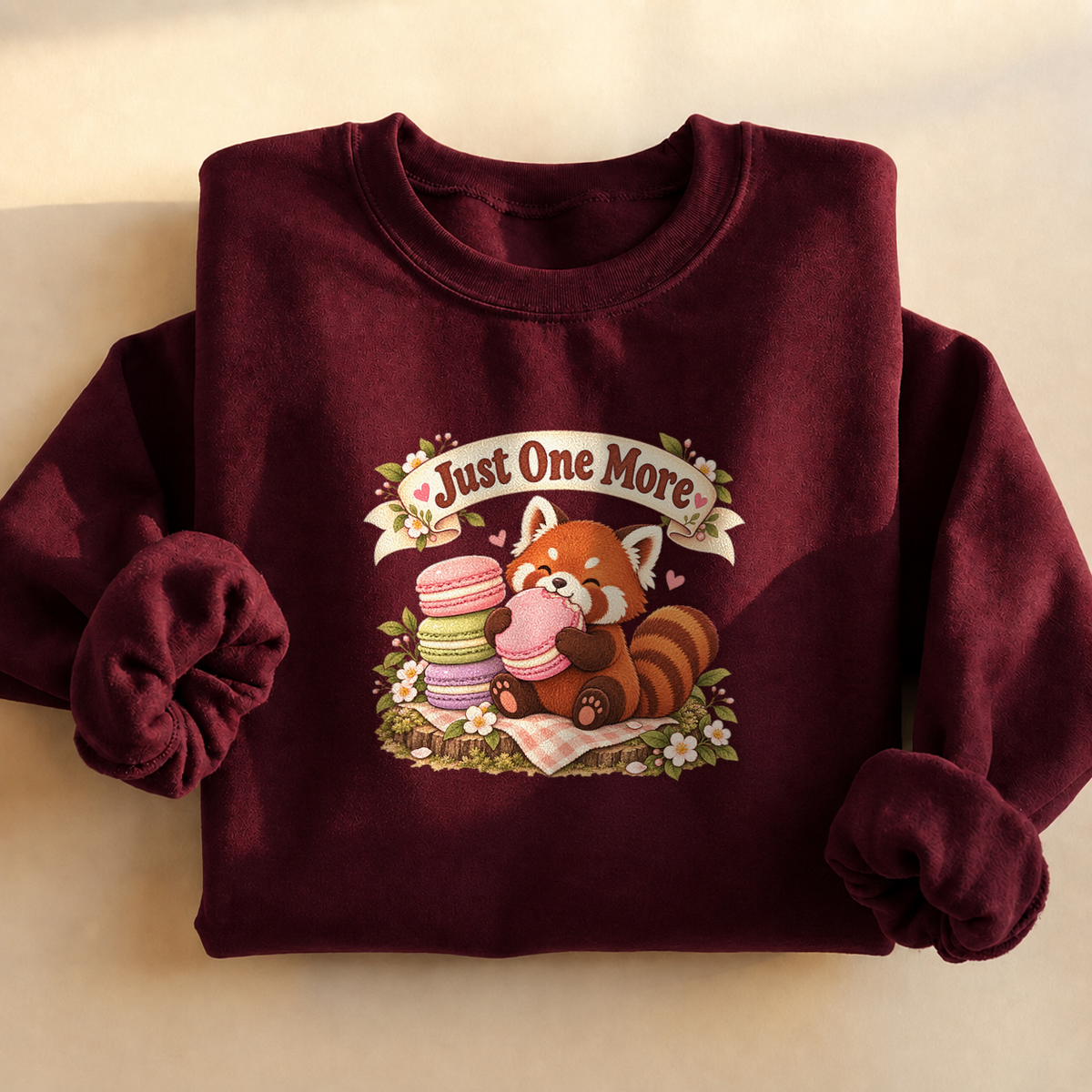 Red Panda Macaron Sweatshirt, alternate view, red panda eating macarons