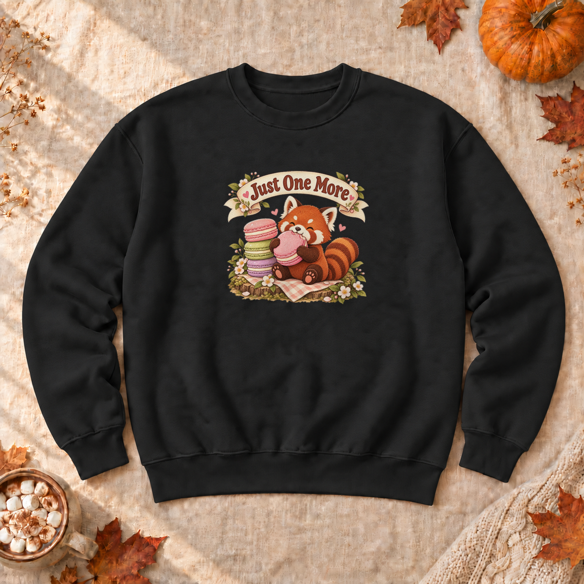 Red Panda Macaron Sweatshirt, alternate view, red panda eating macarons
