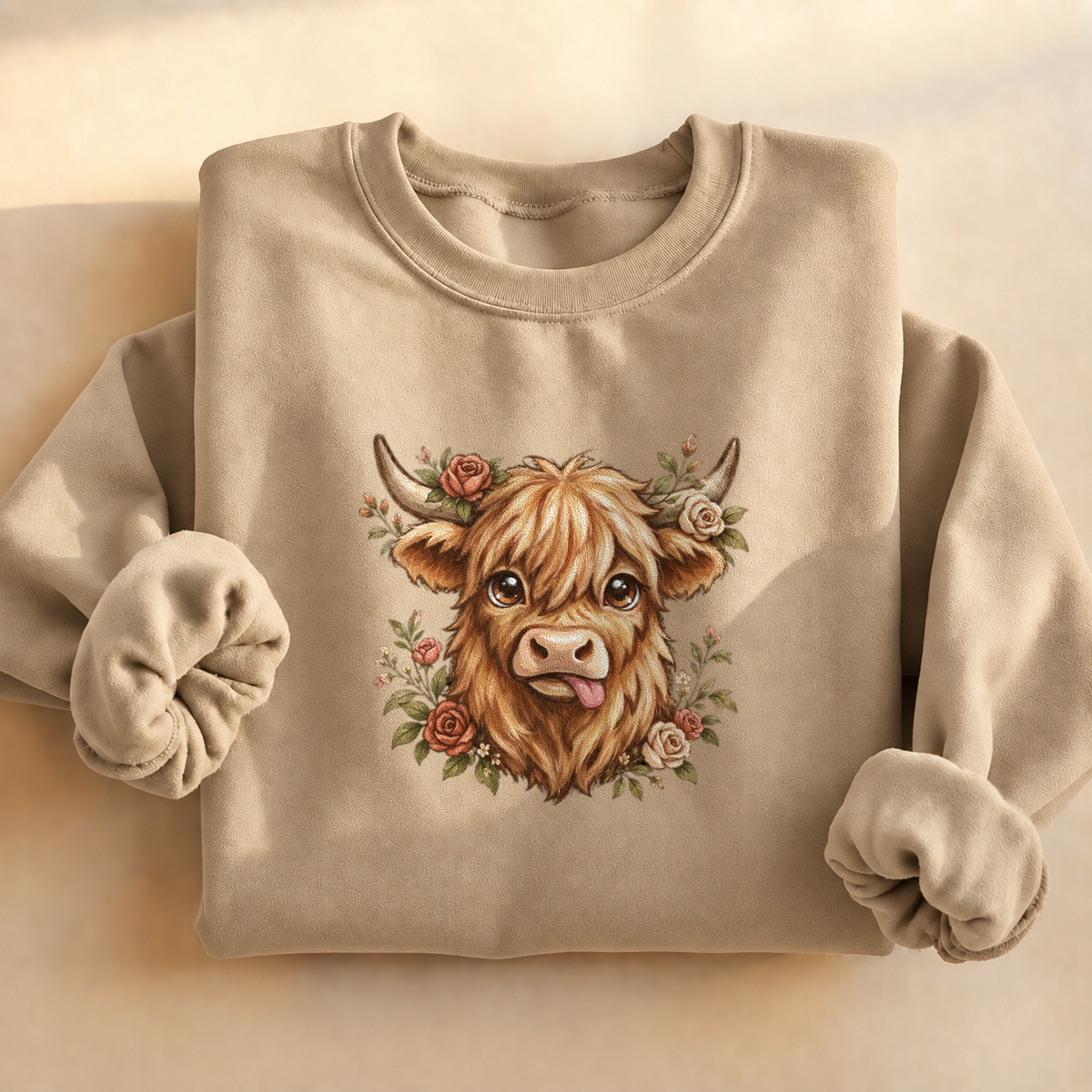 Floral Highland Cow Sweatshirt, highland cow with roses, for cow lovers and cottagecore fans