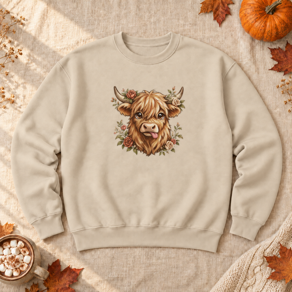 Floral Highland Cow Sweatshirt, alternate view, highland cow with roses