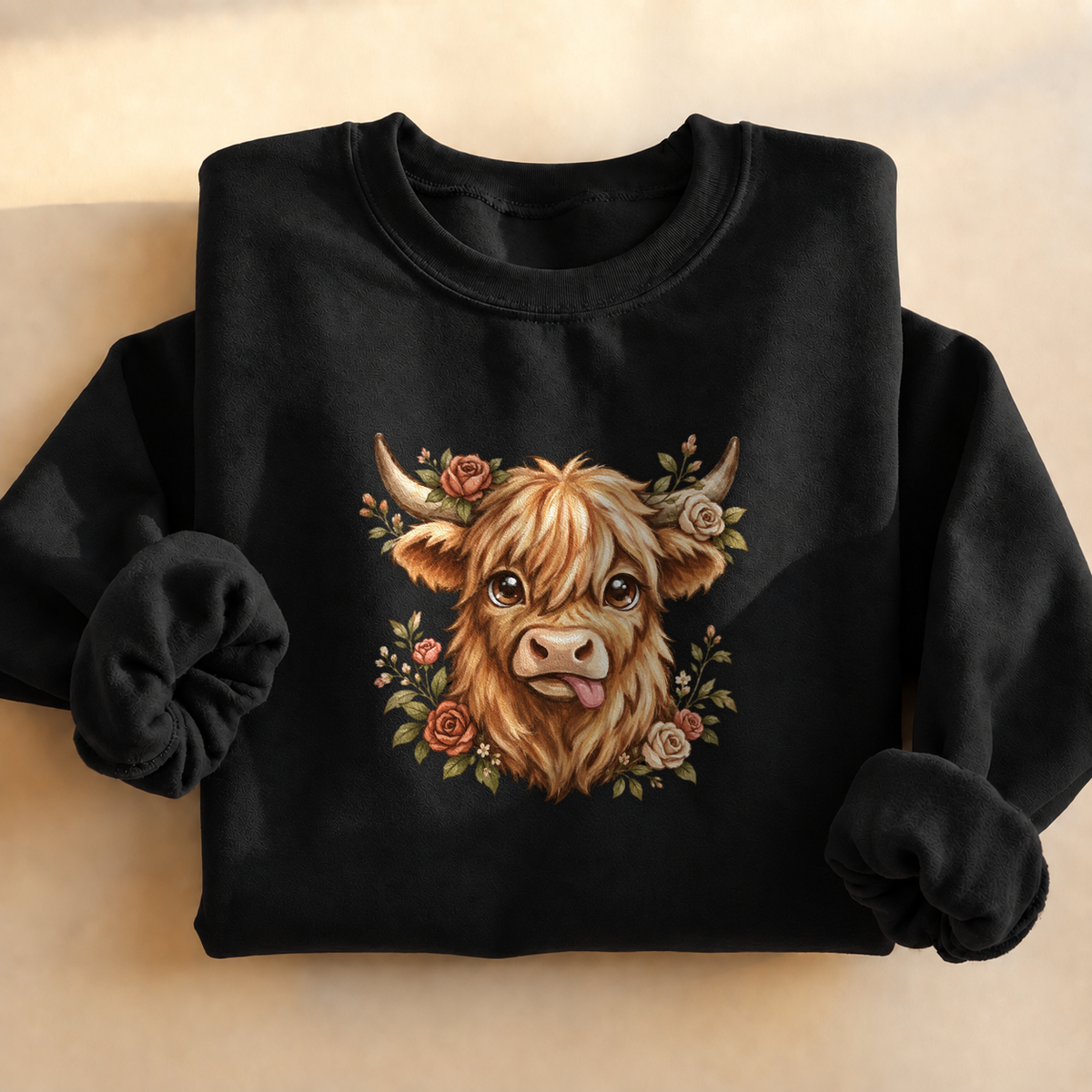 Floral Highland Cow Sweatshirt, alternate view, highland cow with roses