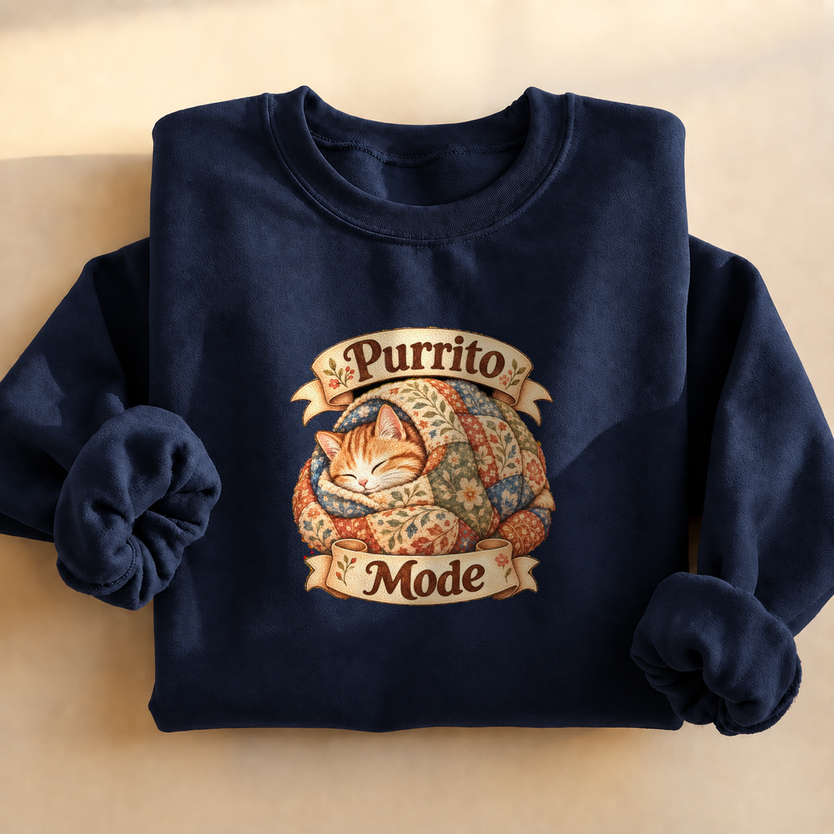 Purrito Mode Cozy Cat Sweatshirt, cat wrapped like a burrito in a quilt, for cat lovers
