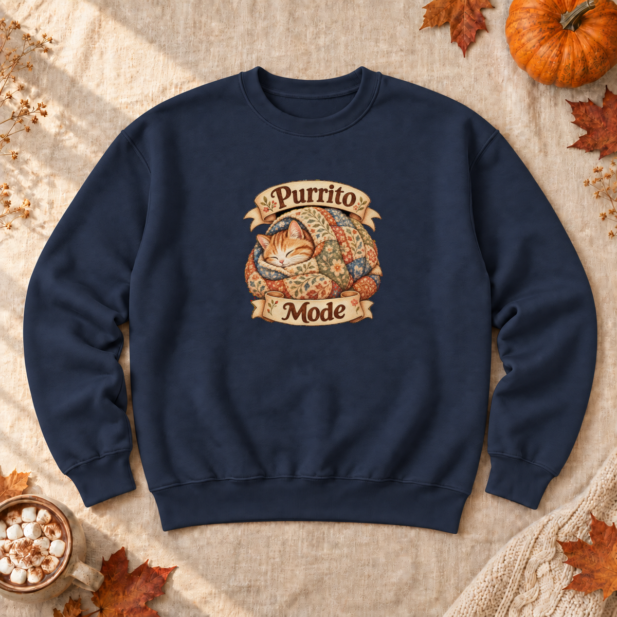 Purrito Mode Cozy Cat Sweatshirt, alternate view, cat wrapped like a burrito in a quilt