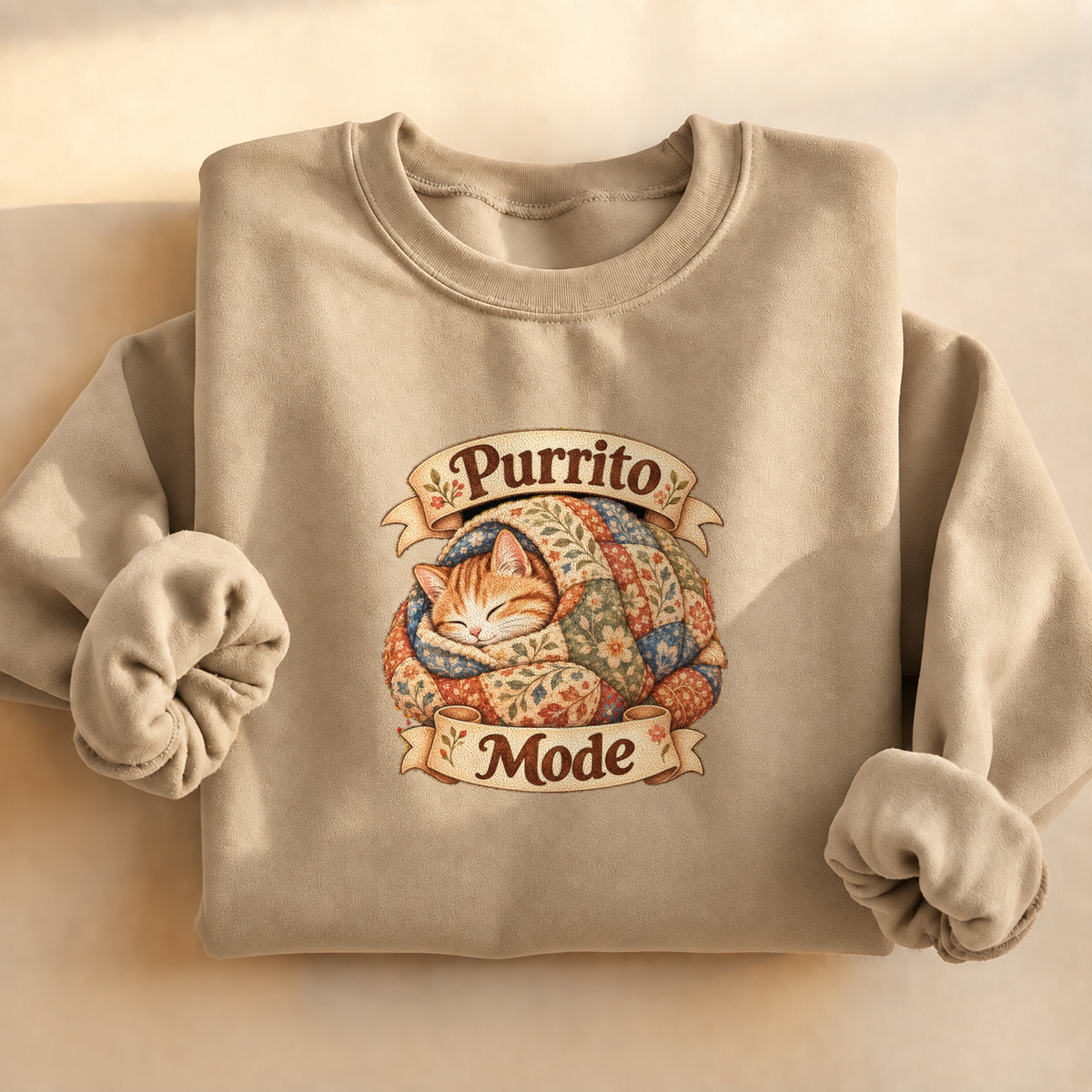 Purrito Mode Cozy Cat Sweatshirt, alternate view, cat wrapped like a burrito in a quilt