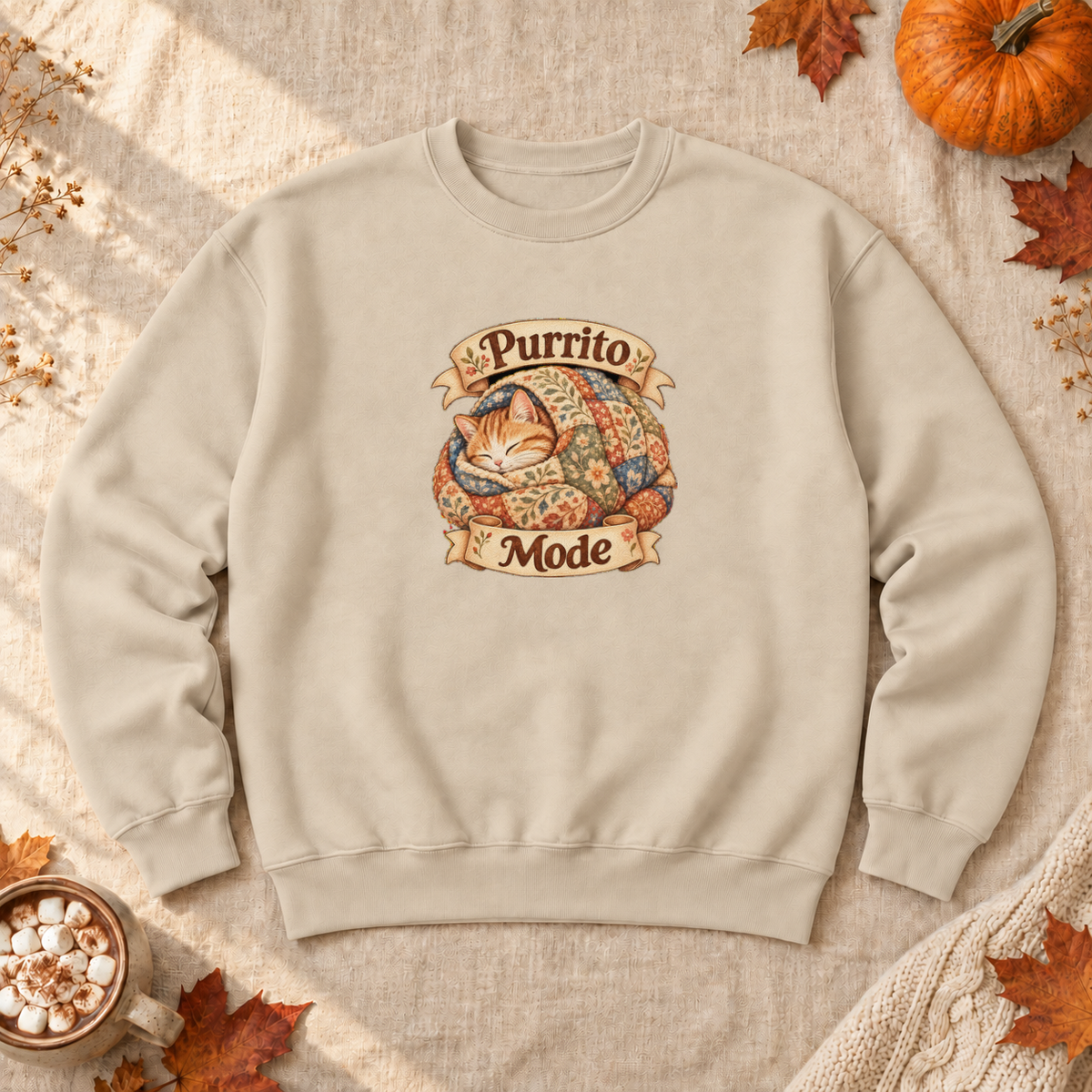 Purrito Mode Cozy Cat Sweatshirt, alternate view, cat wrapped like a burrito in a quilt