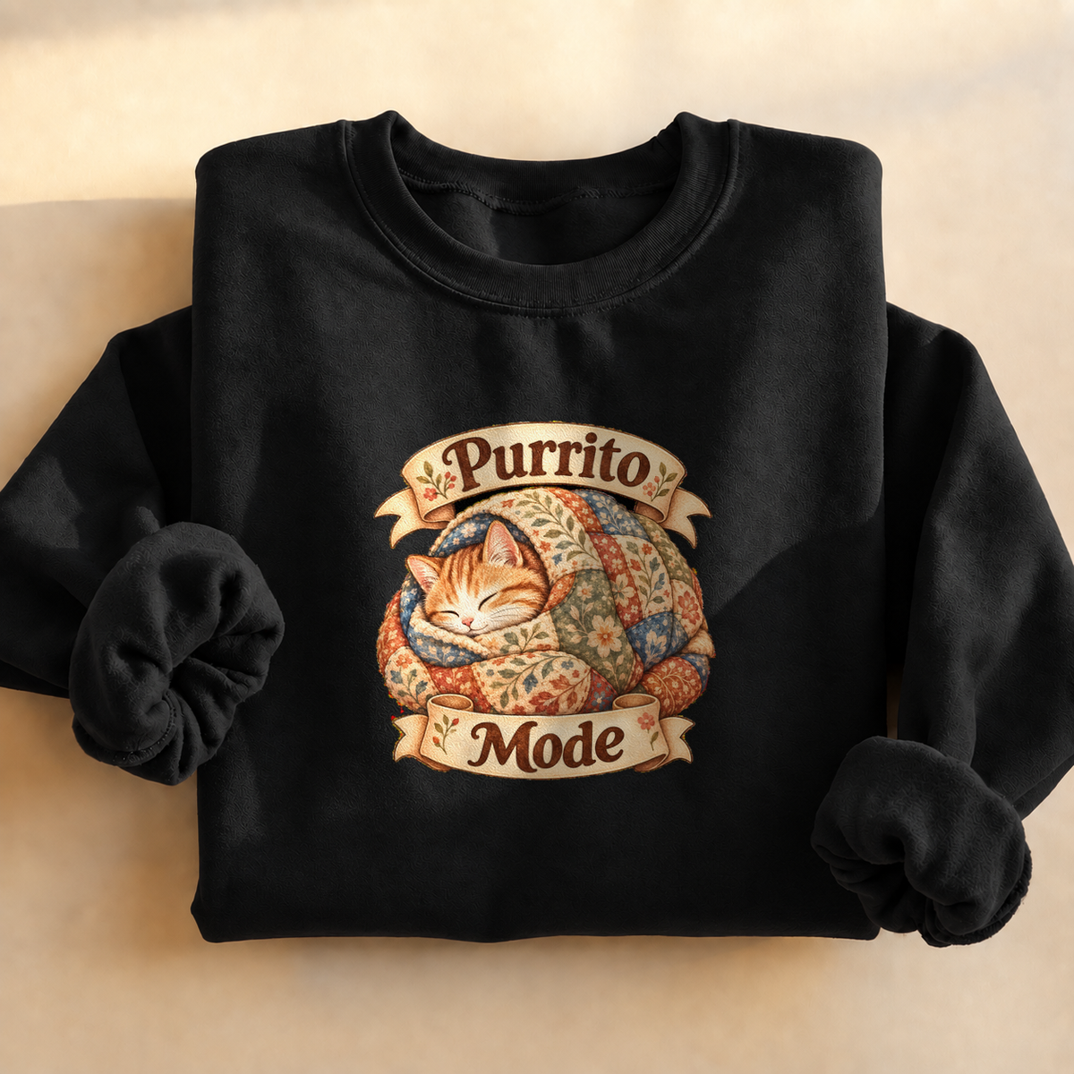 Purrito Mode Cozy Cat Sweatshirt, alternate view, cat wrapped like a burrito in a quilt