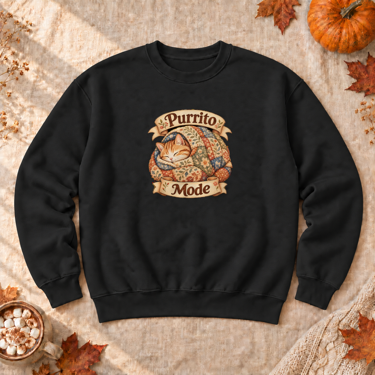 Purrito Mode Cozy Cat Sweatshirt, alternate view, cat wrapped like a burrito in a quilt