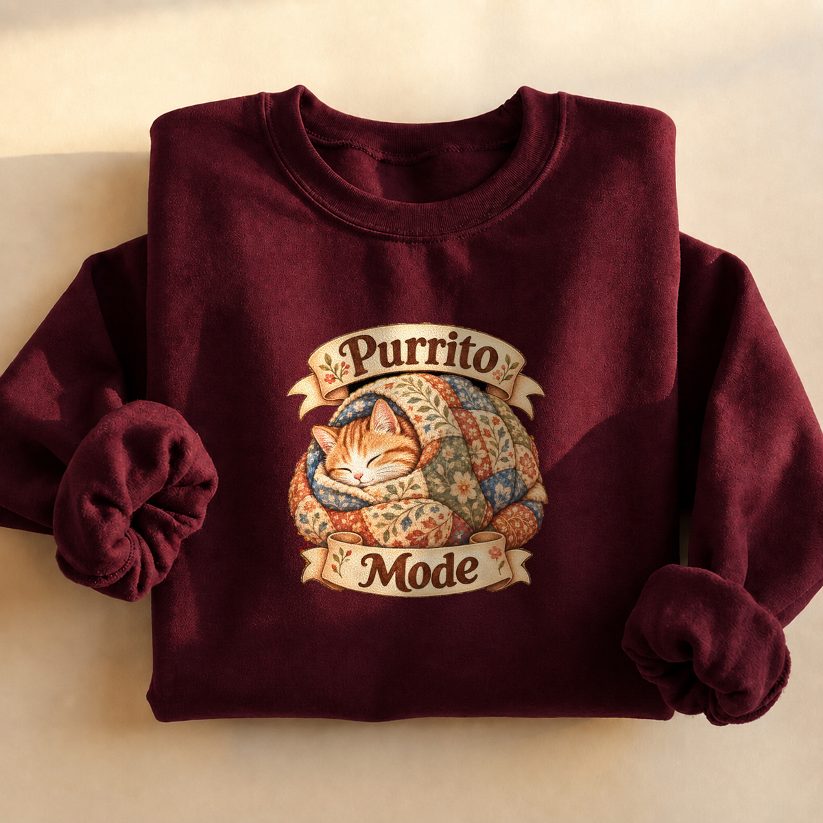 Purrito Mode Cozy Cat Sweatshirt, alternate view, cat wrapped like a burrito in a quilt