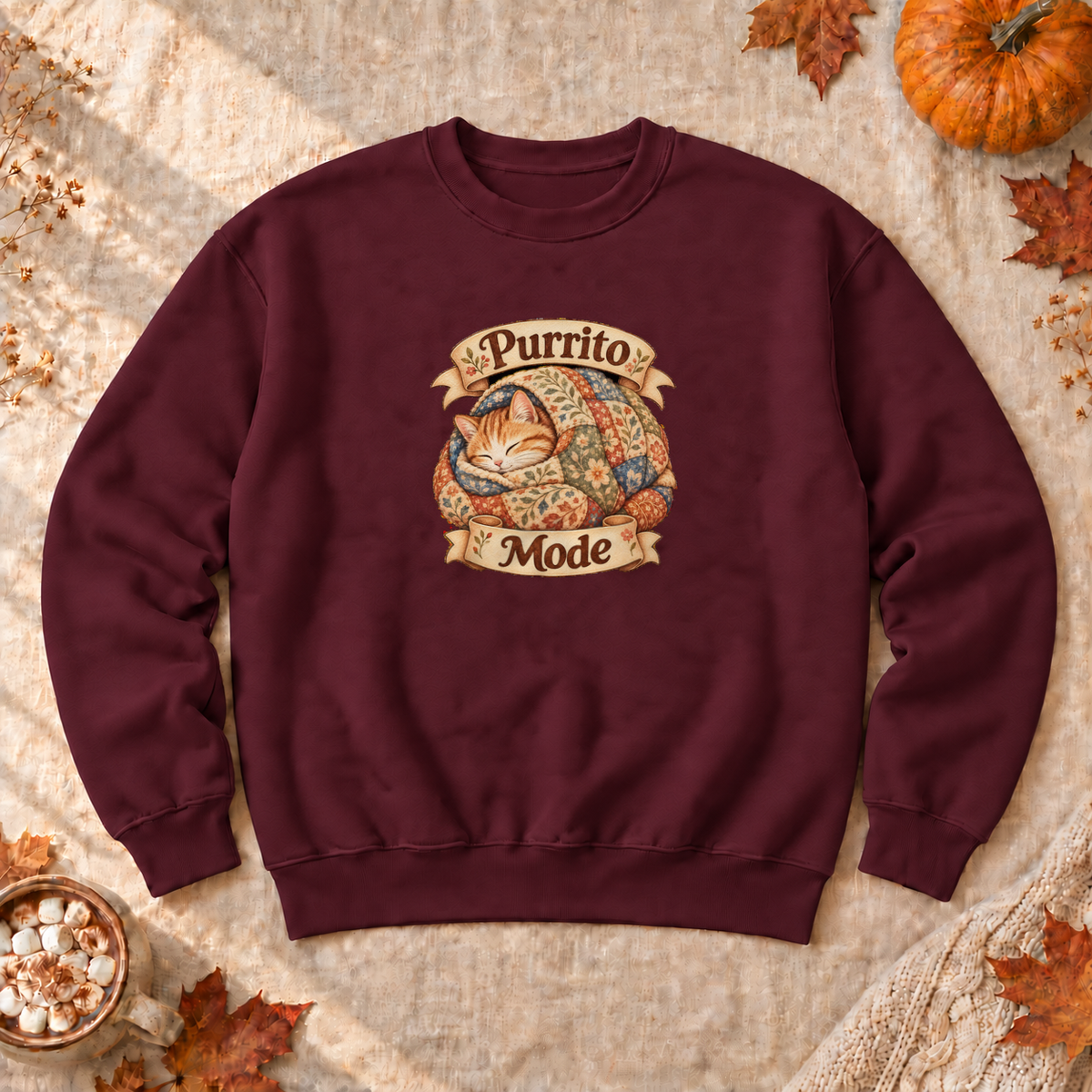 Purrito Mode Cozy Cat Sweatshirt, alternate view, cat wrapped like a burrito in a quilt