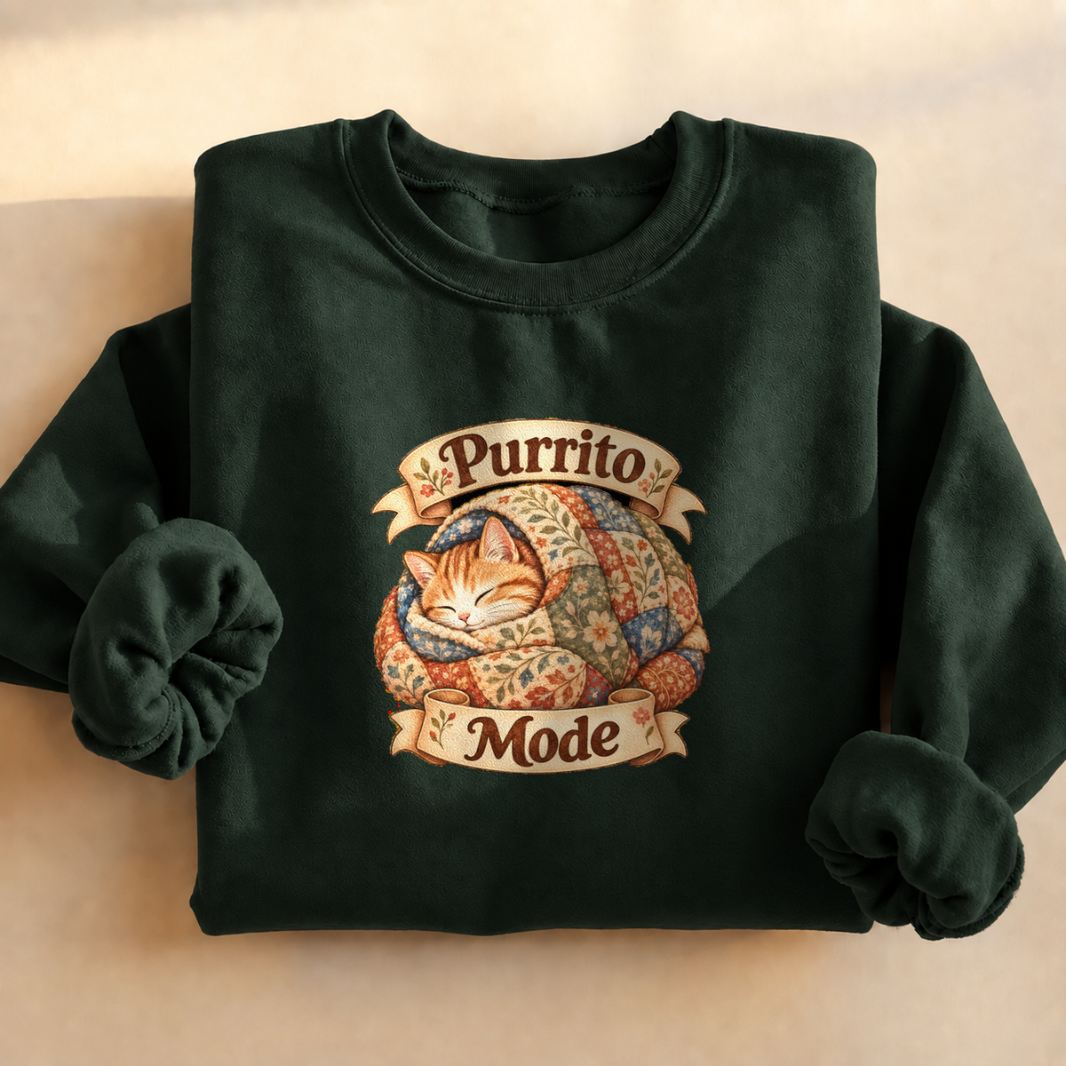 Purrito Mode Cozy Cat Sweatshirt, alternate view, cat wrapped like a burrito in a quilt