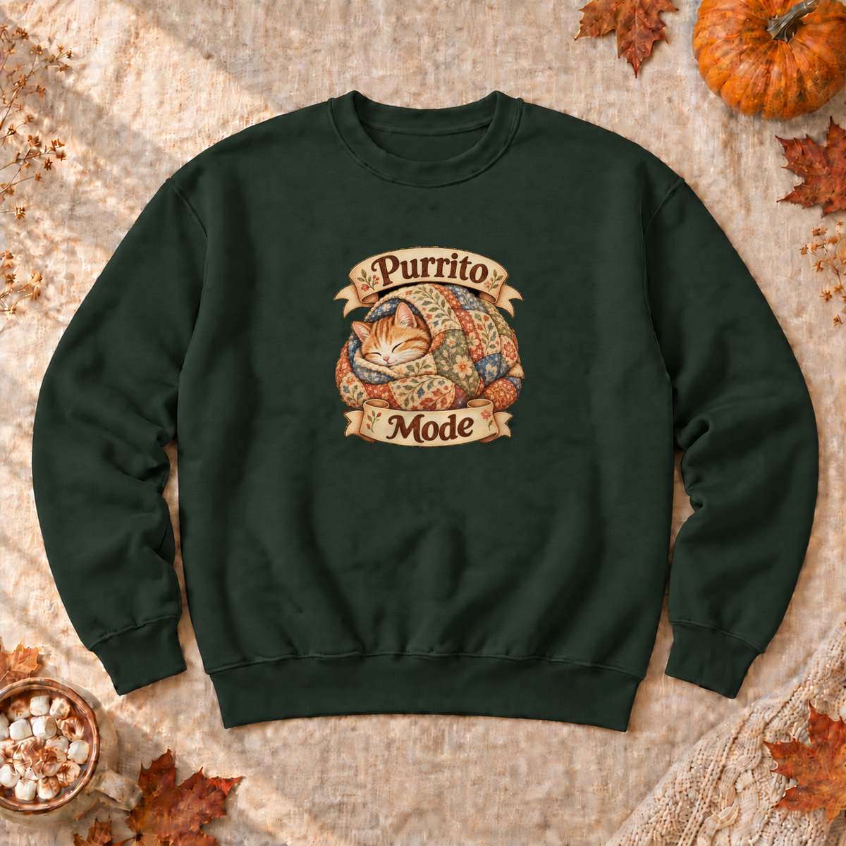 Purrito Mode Cozy Cat Sweatshirt, alternate view, cat wrapped like a burrito in a quilt