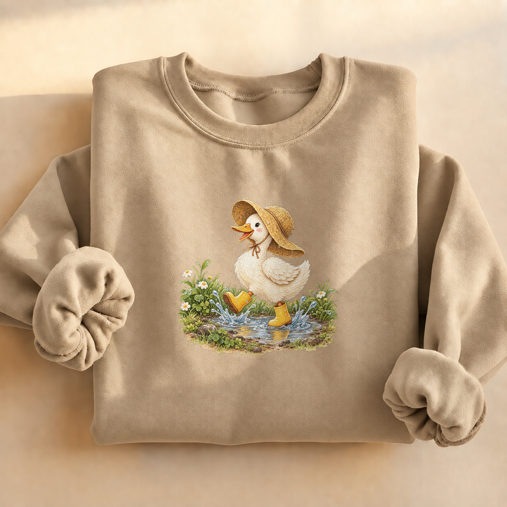 Rainy Day Duck Sweatshirt, duck in a rain hat and boots, for duck lovers