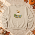 Rainy Day Duck Sweatshirt, alternate view, duck in a rain hat and boots