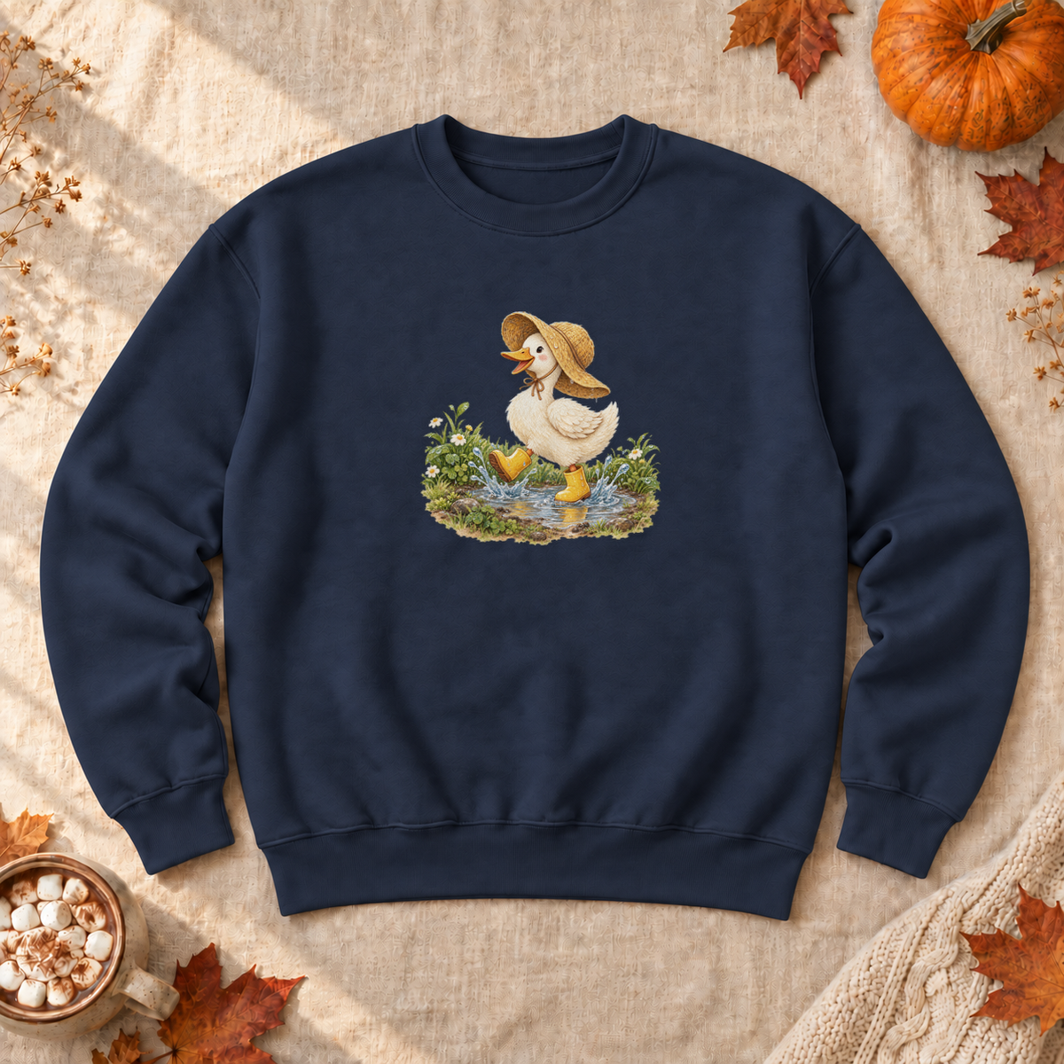 Rainy Day Duck Sweatshirt, alternate view, duck in a rain hat and boots