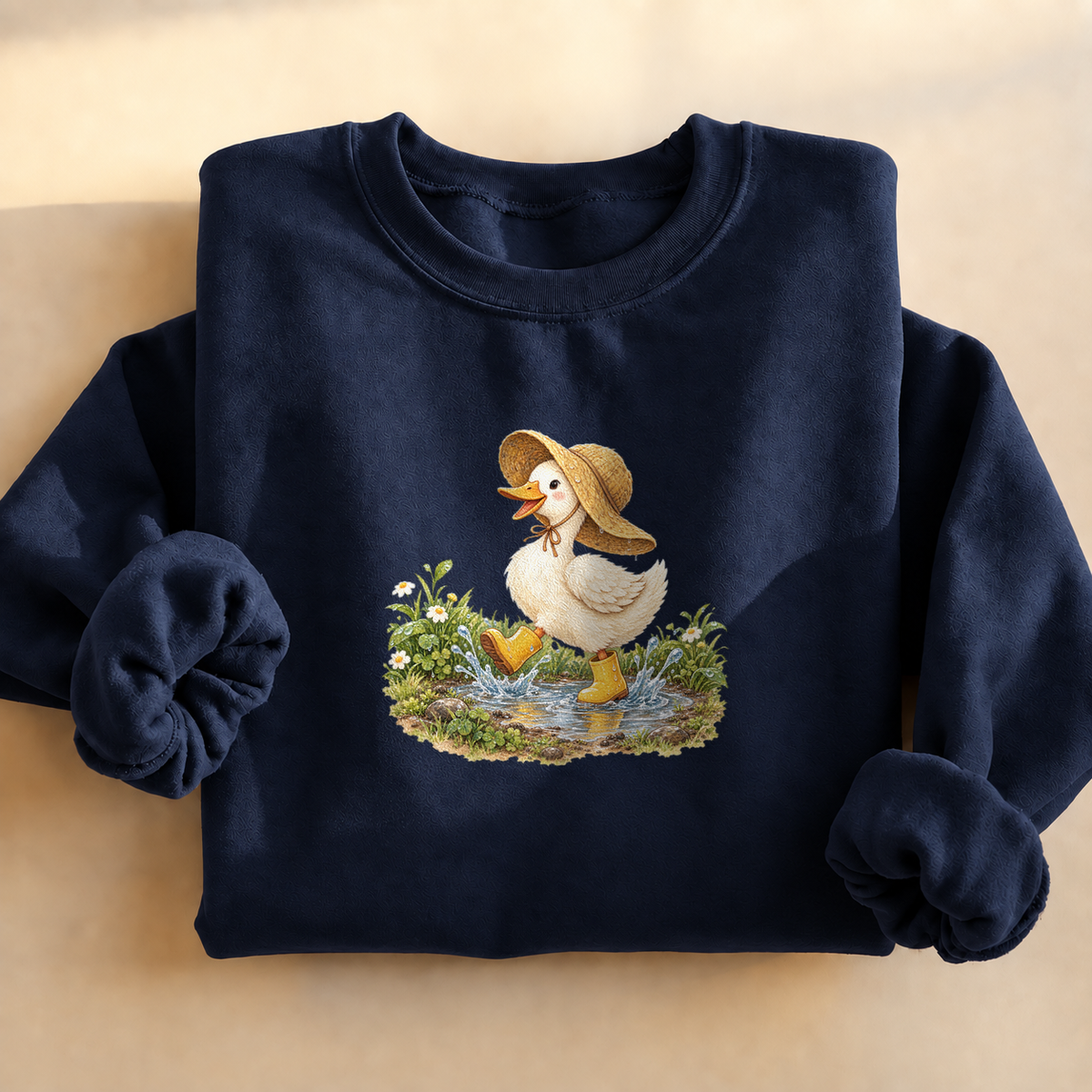 Rainy Day Duck Sweatshirt, alternate view, duck in a rain hat and boots