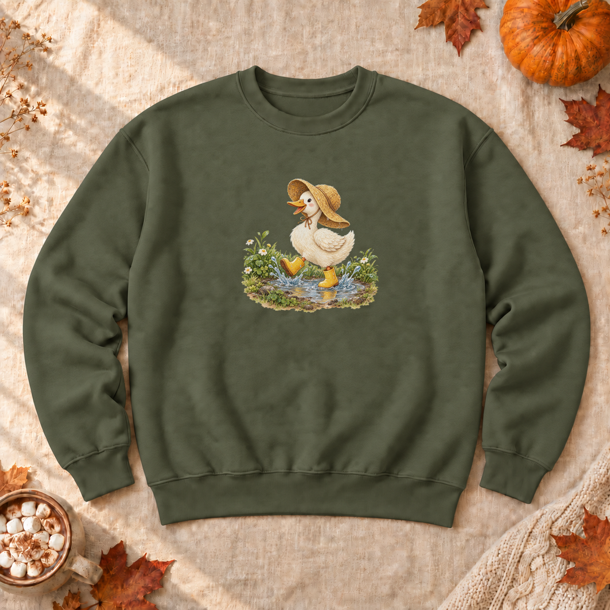 Rainy Day Duck Sweatshirt, alternate view, duck in a rain hat and boots