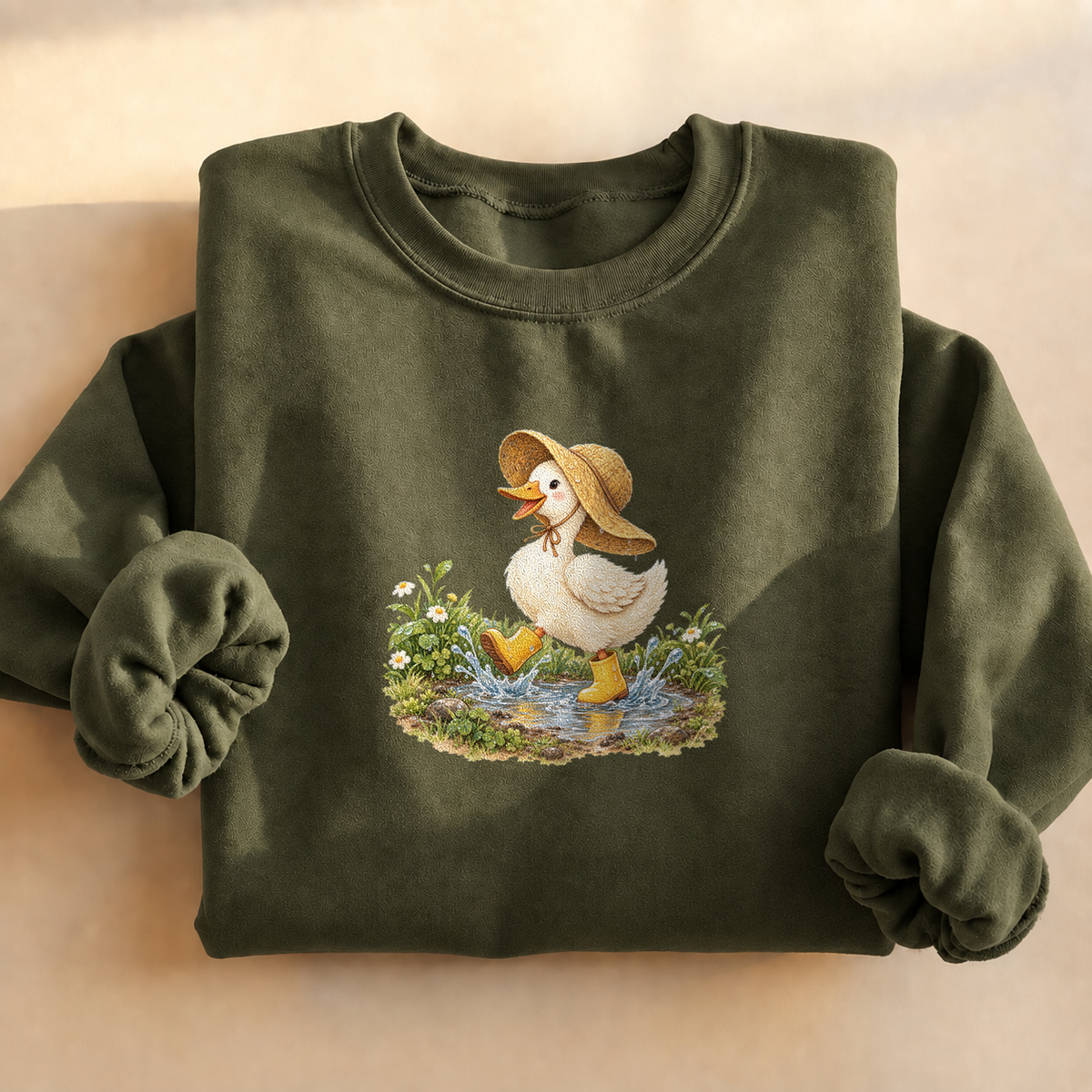 Rainy Day Duck Sweatshirt, alternate view, duck in a rain hat and boots