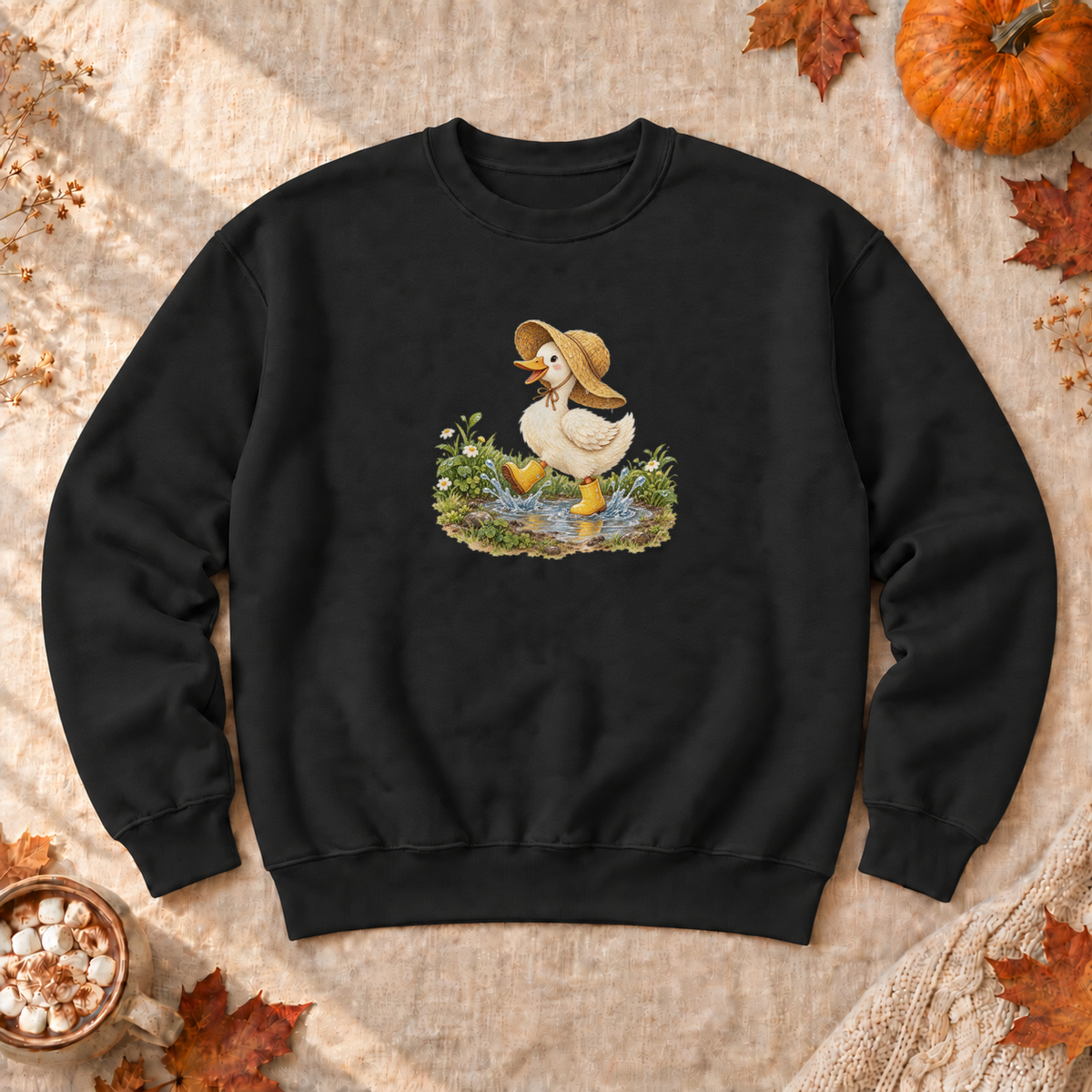 Rainy Day Duck Sweatshirt, alternate view, duck in a rain hat and boots