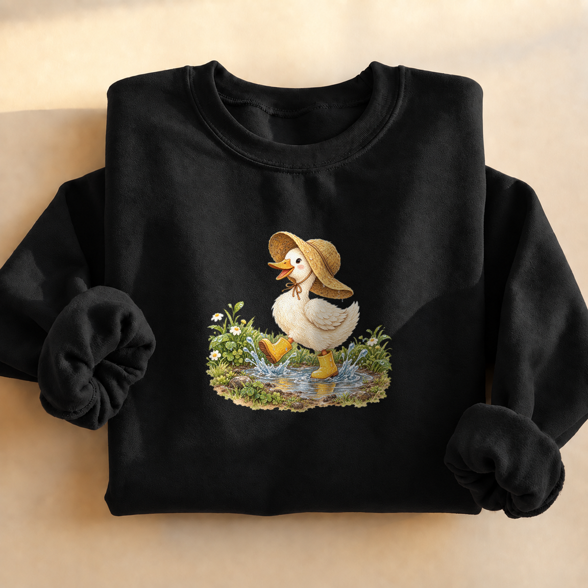 Rainy Day Duck Sweatshirt, alternate view, duck in a rain hat and boots