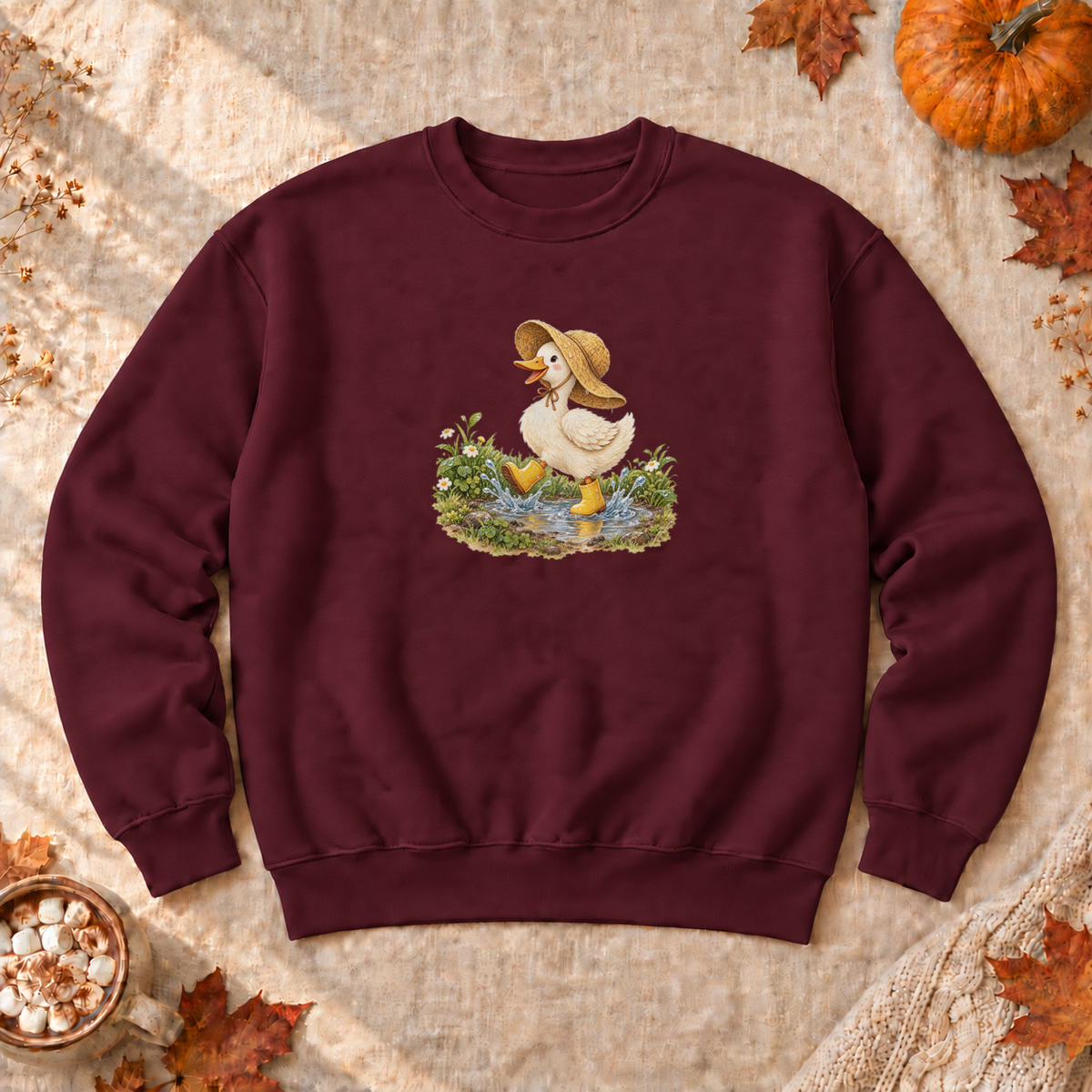 Rainy Day Duck Sweatshirt, alternate view, duck in a rain hat and boots