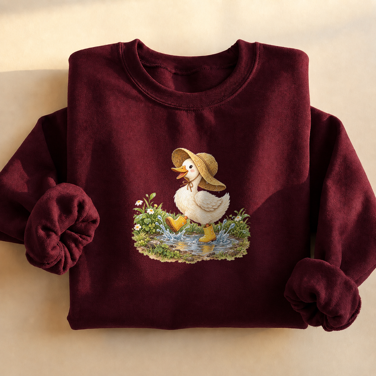 Rainy Day Duck Sweatshirt, alternate view, duck in a rain hat and boots