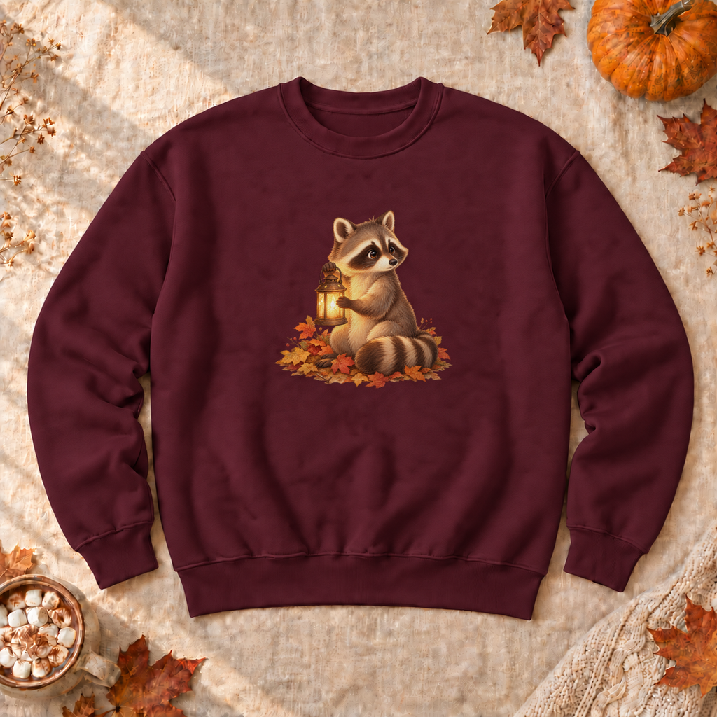 Lantern Raccoon Sweatshirt, alternate view, raccoon carrying a lantern at dusk