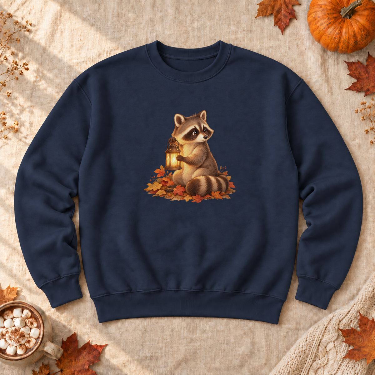 Lantern Raccoon Sweatshirt, alternate view, raccoon carrying a lantern at dusk
